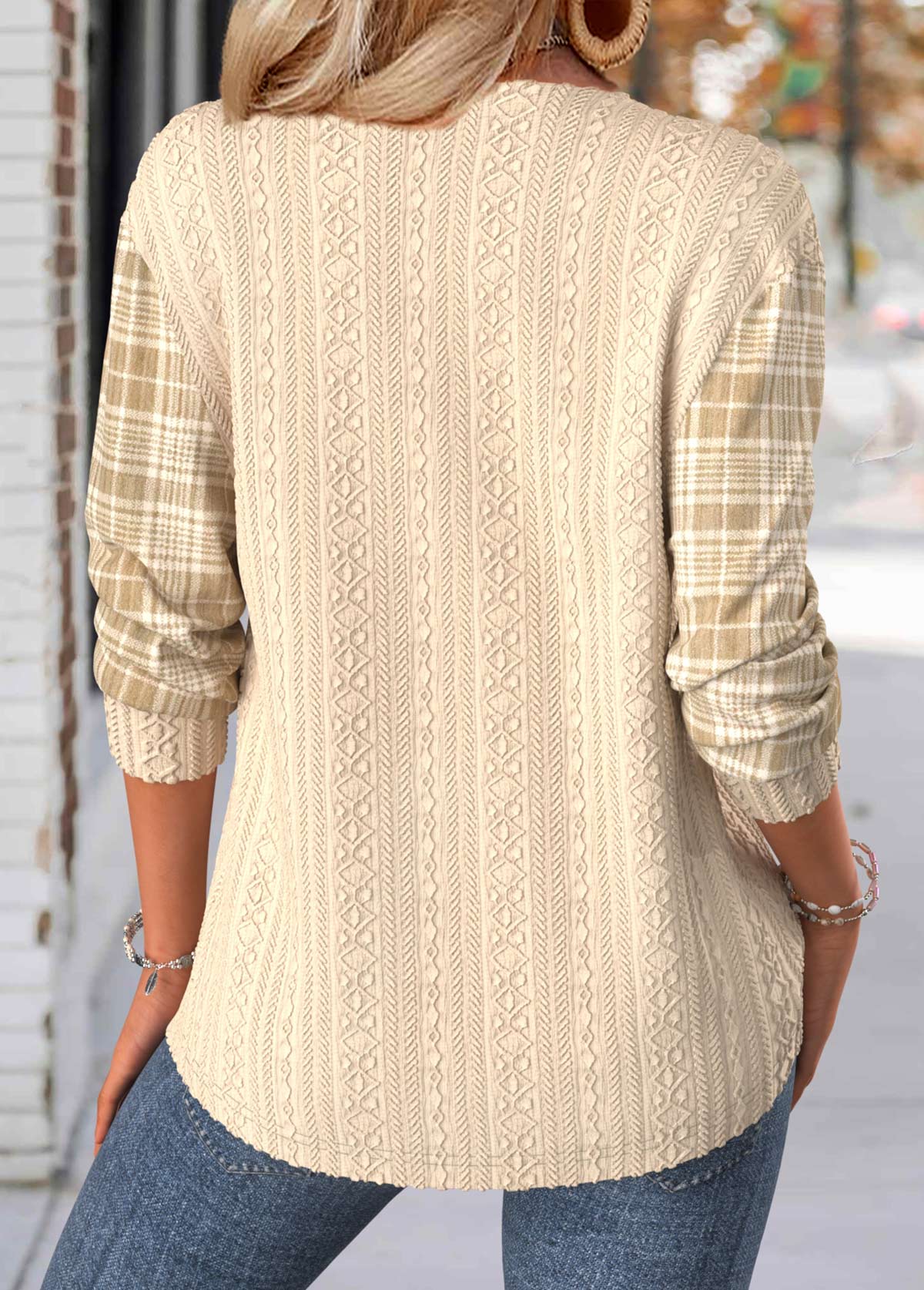 Light Coffee Plaid Long Sleeve Split Neck Sweatshirt | picture 