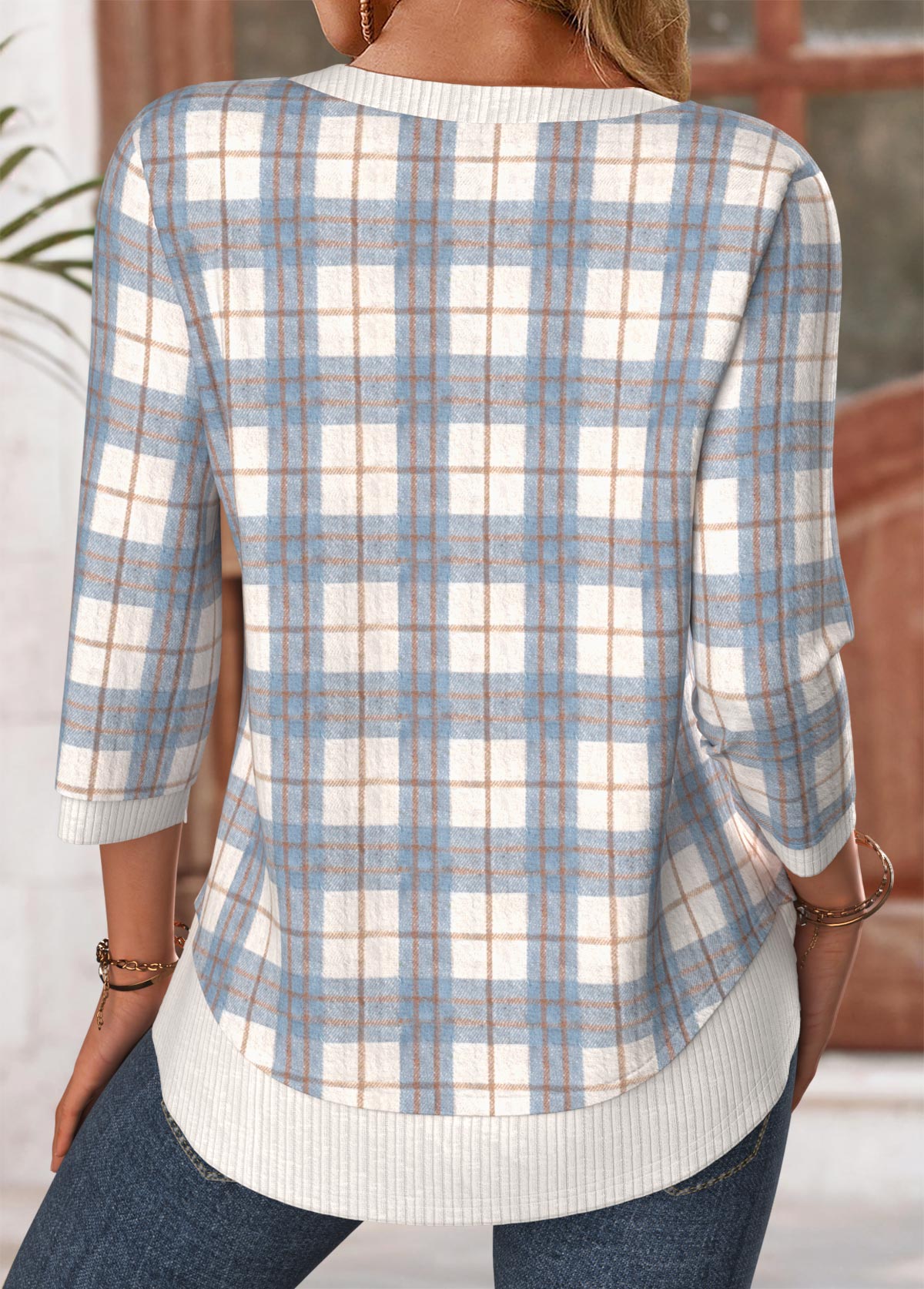 Blue Tummy Coverage Plaid Long Sleeve T Shirt | picture 
