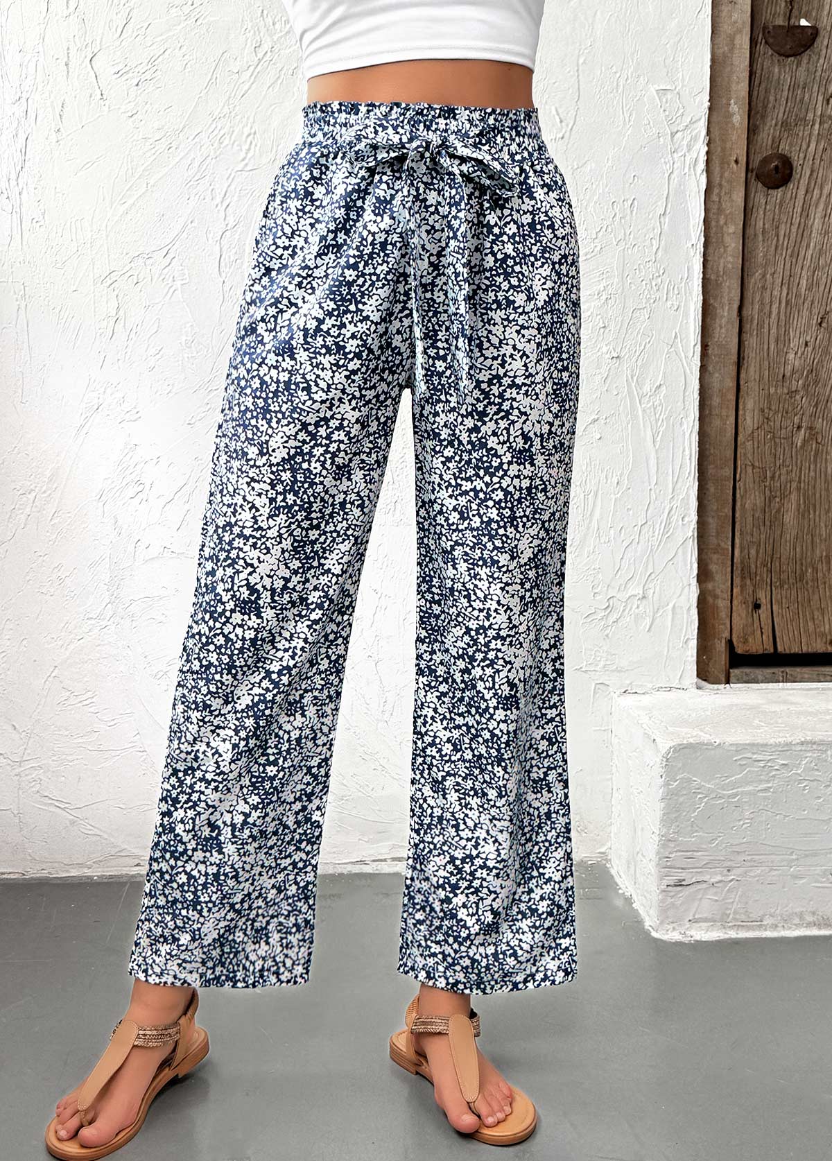 Light Blue Ditsy Floral Print Straight Leg Pants | picture 