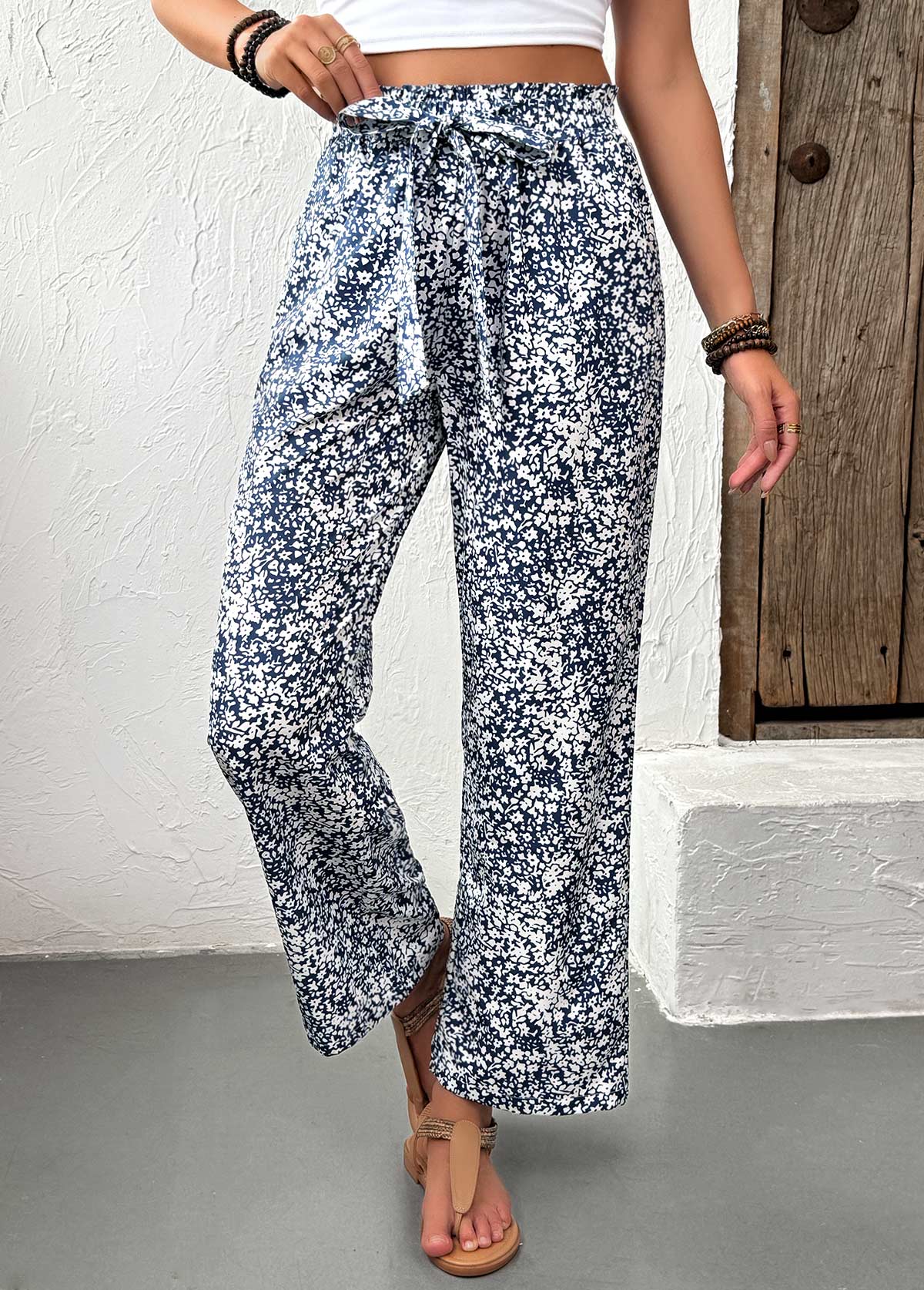 Light Blue Ditsy Floral Print Straight Leg Pants | picture 