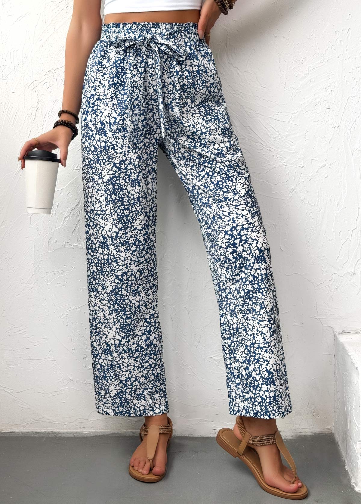 Light Blue Ditsy Floral Print Straight Leg Pants | picture 