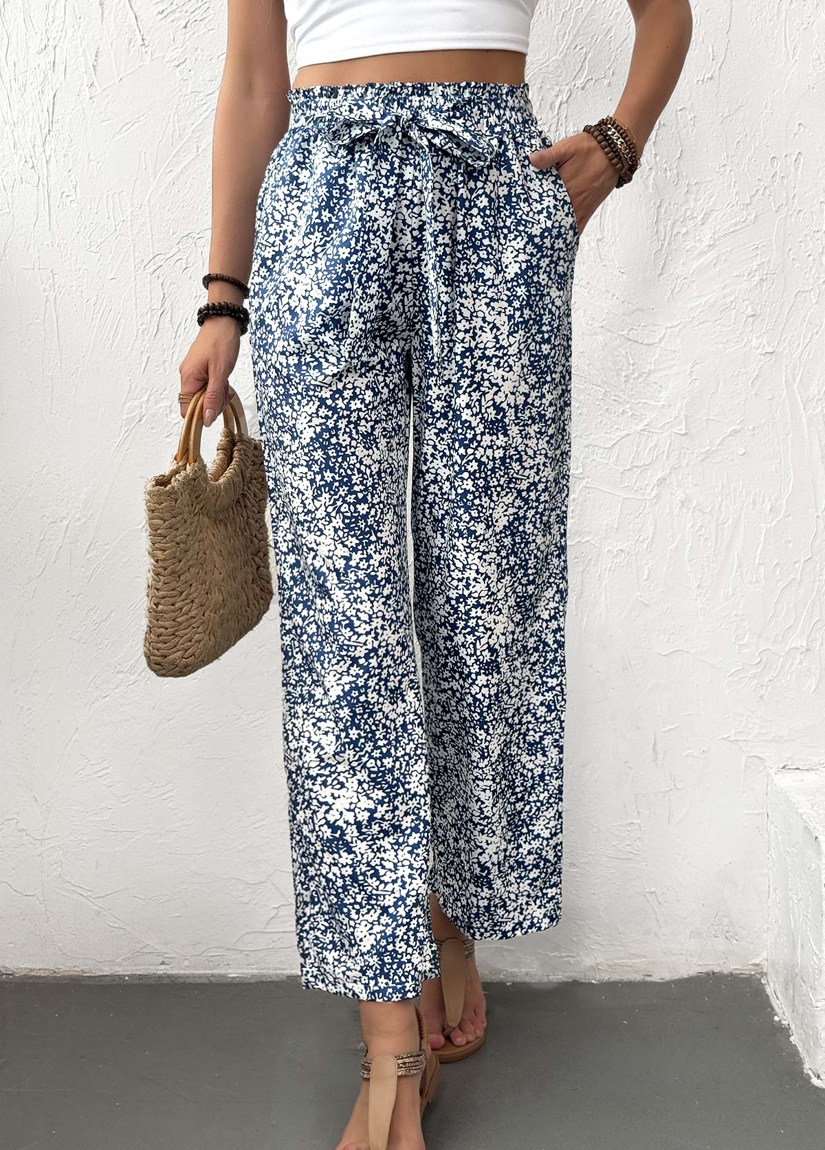 Light Blue Ditsy Floral Print Straight Leg Pants | picture 
