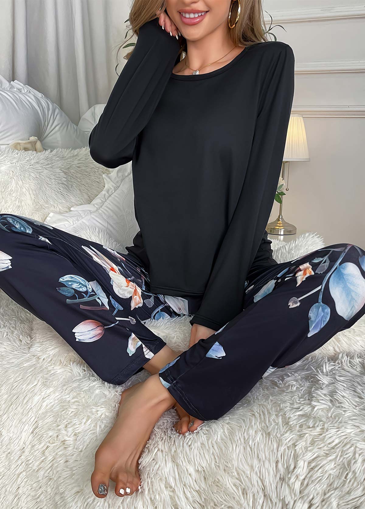 Black Floral Print Long Sleeve Lounge Top and Pants | picture 
