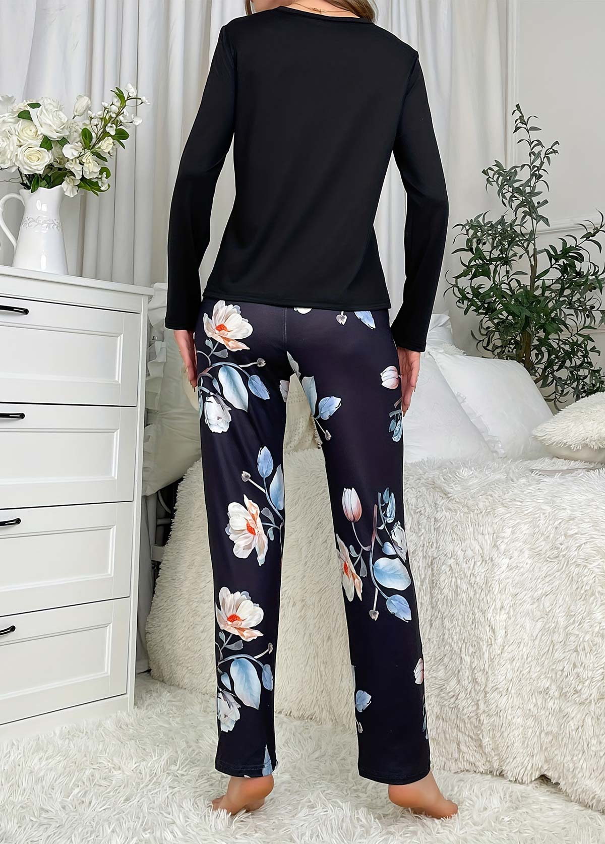 Black Floral Print Long Sleeve Lounge Top and Pants | picture 