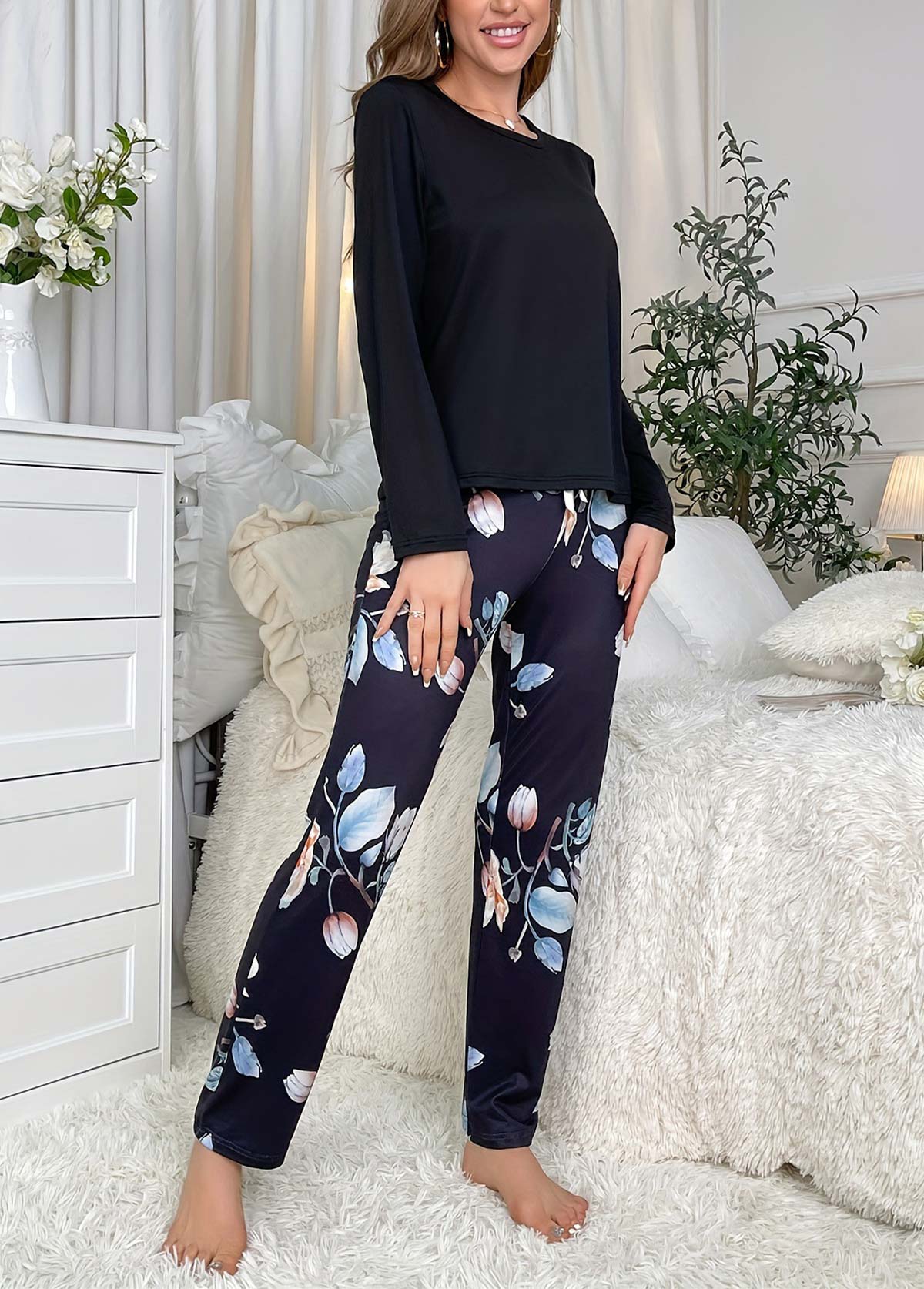 Black Floral Print Long Sleeve Lounge Top and Pants | picture 