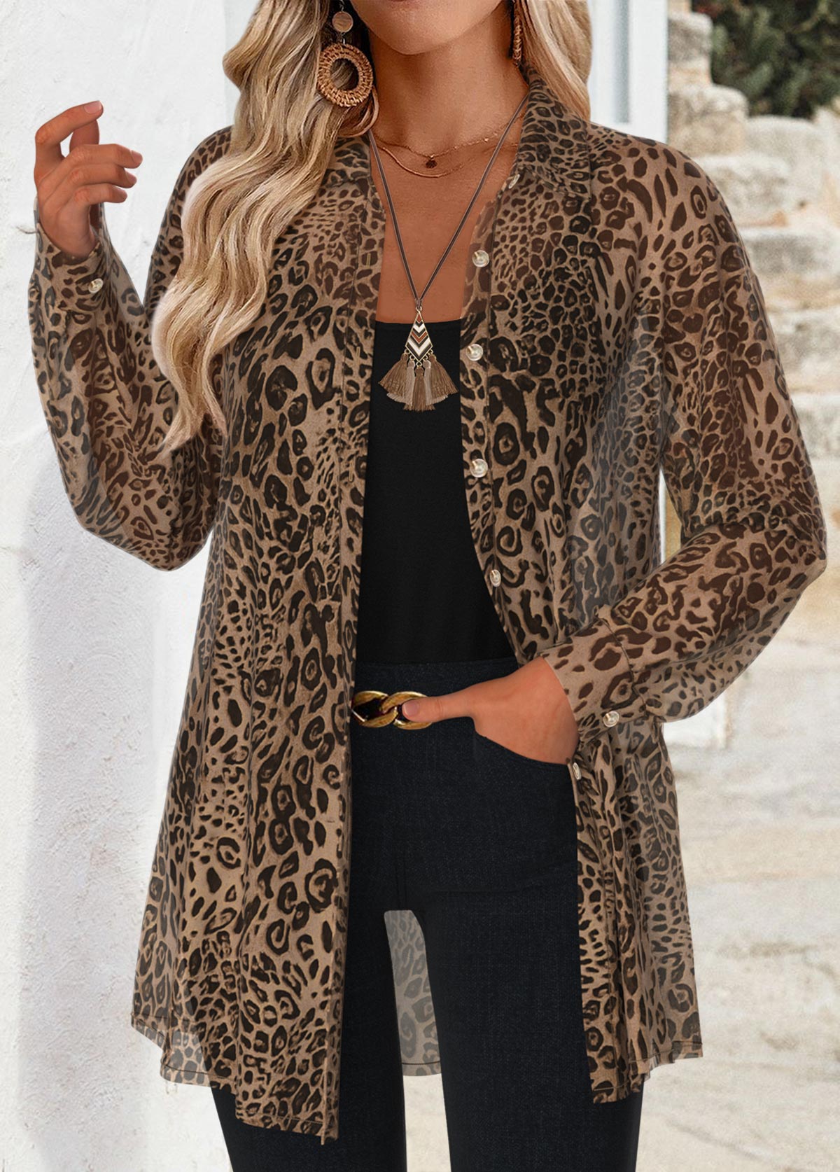 Light Coffee Tummy Coverage Leopard Long Sleeve Shirt | picture 