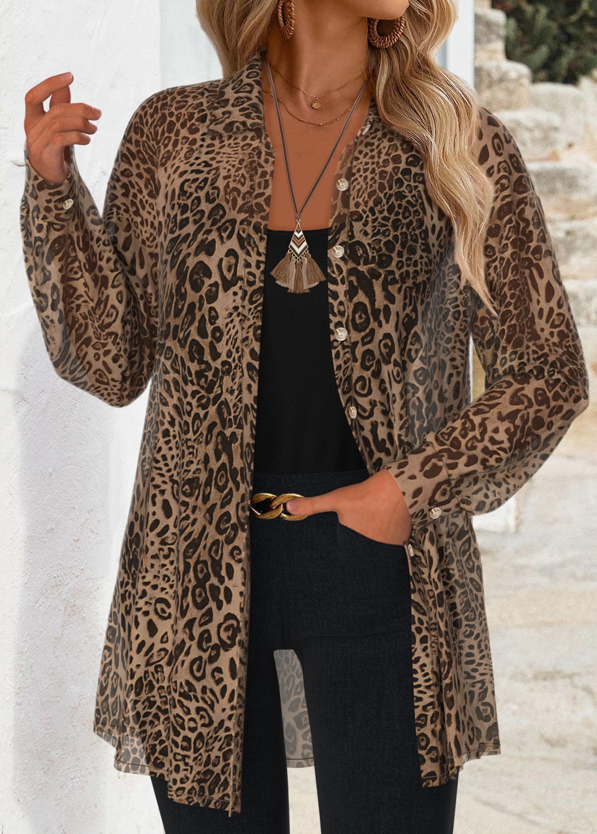 Light Coffee Tummy Coverage Leopard Long Sleeve Shirt | picture 