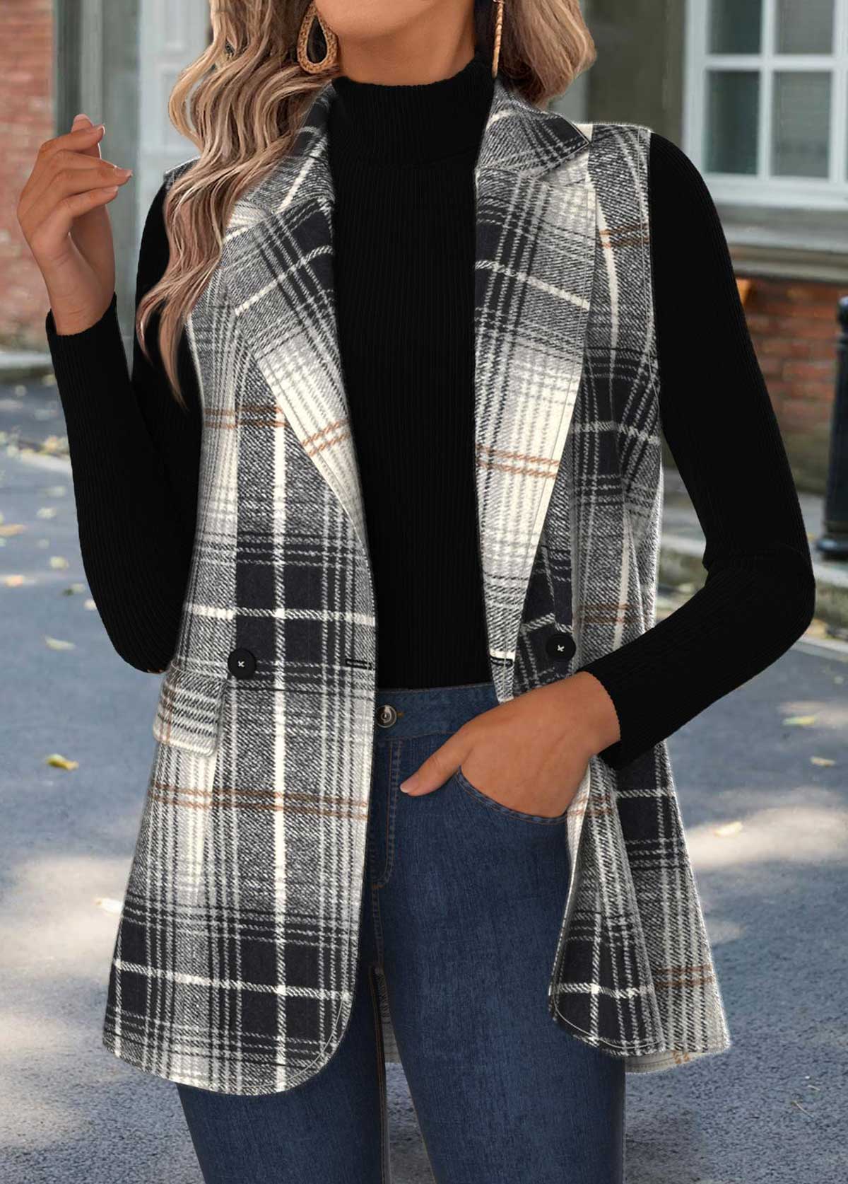 Black Tummy Coverage Plaid Sleeveless Lapel Waistcoat | picture 