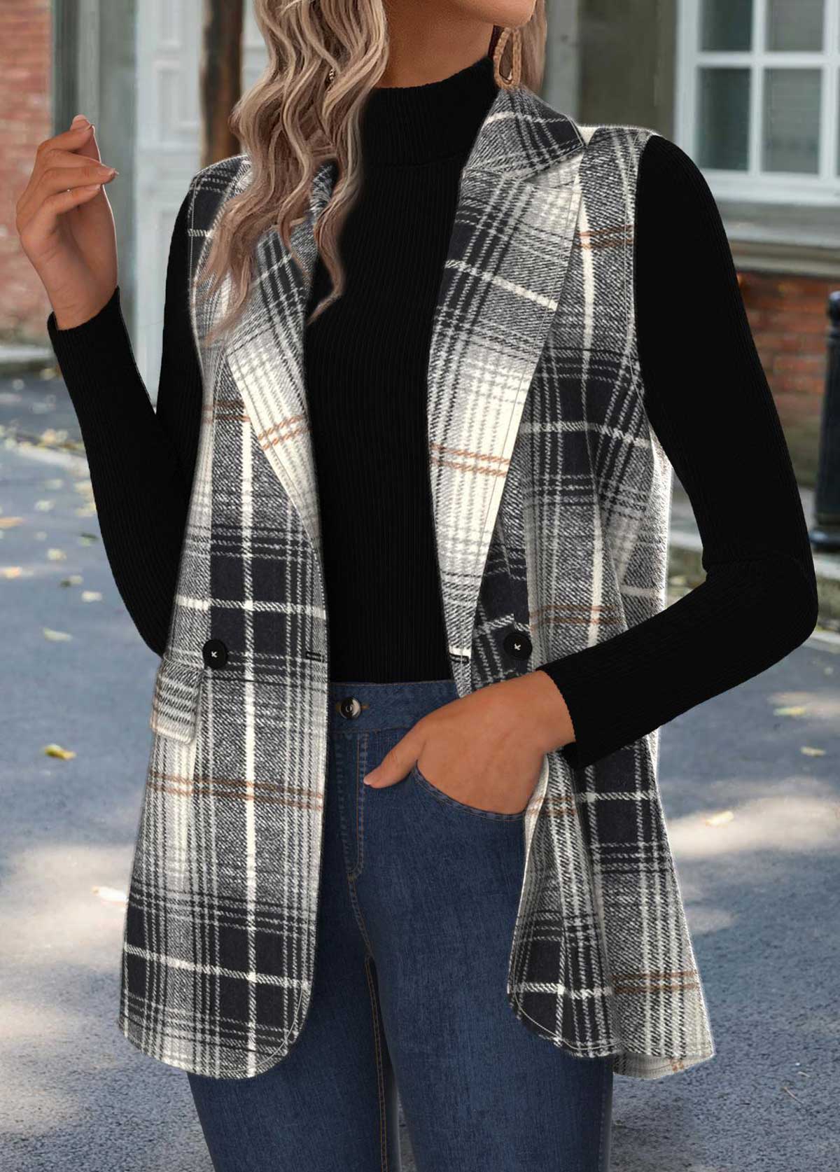 Black Tummy Coverage Plaid Sleeveless Lapel Waistcoat | picture 
