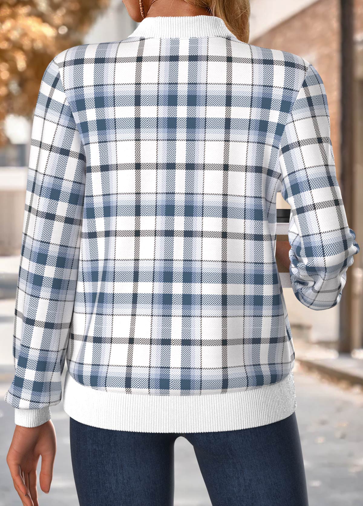 Blue Tummy Coverage Plaid Long Sleeve Stand Collar Jacket | picture 