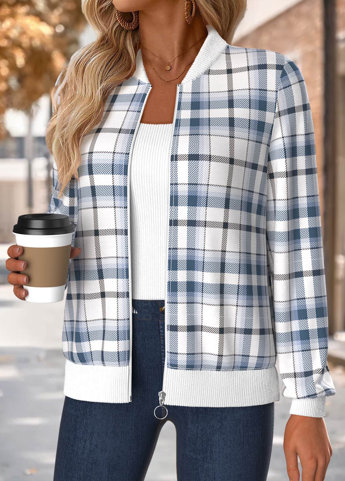 Blue Tummy Coverage Plaid Long Sleeve Stand Collar Jacket | picture 