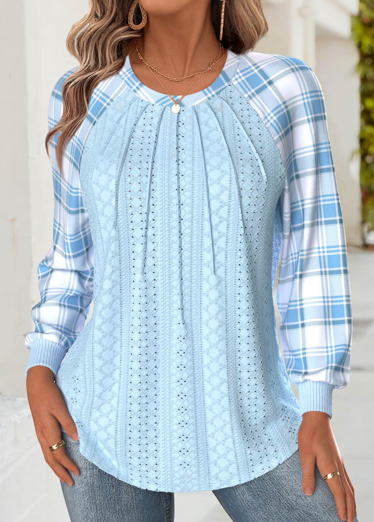Light Blue Tummy Coverage Plaid Long Sleeve Sweatshirt | picture 