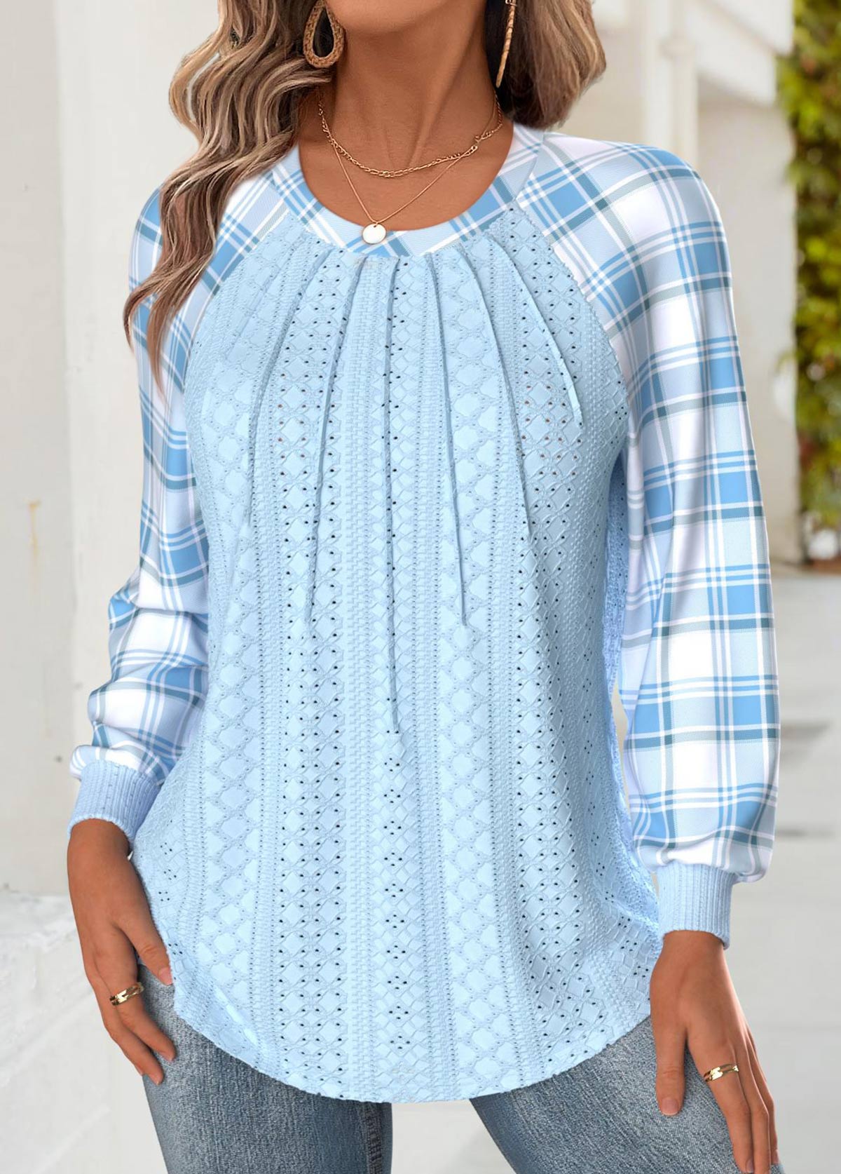 Light Blue Tummy Coverage Plaid Long Sleeve Sweatshirt | picture 