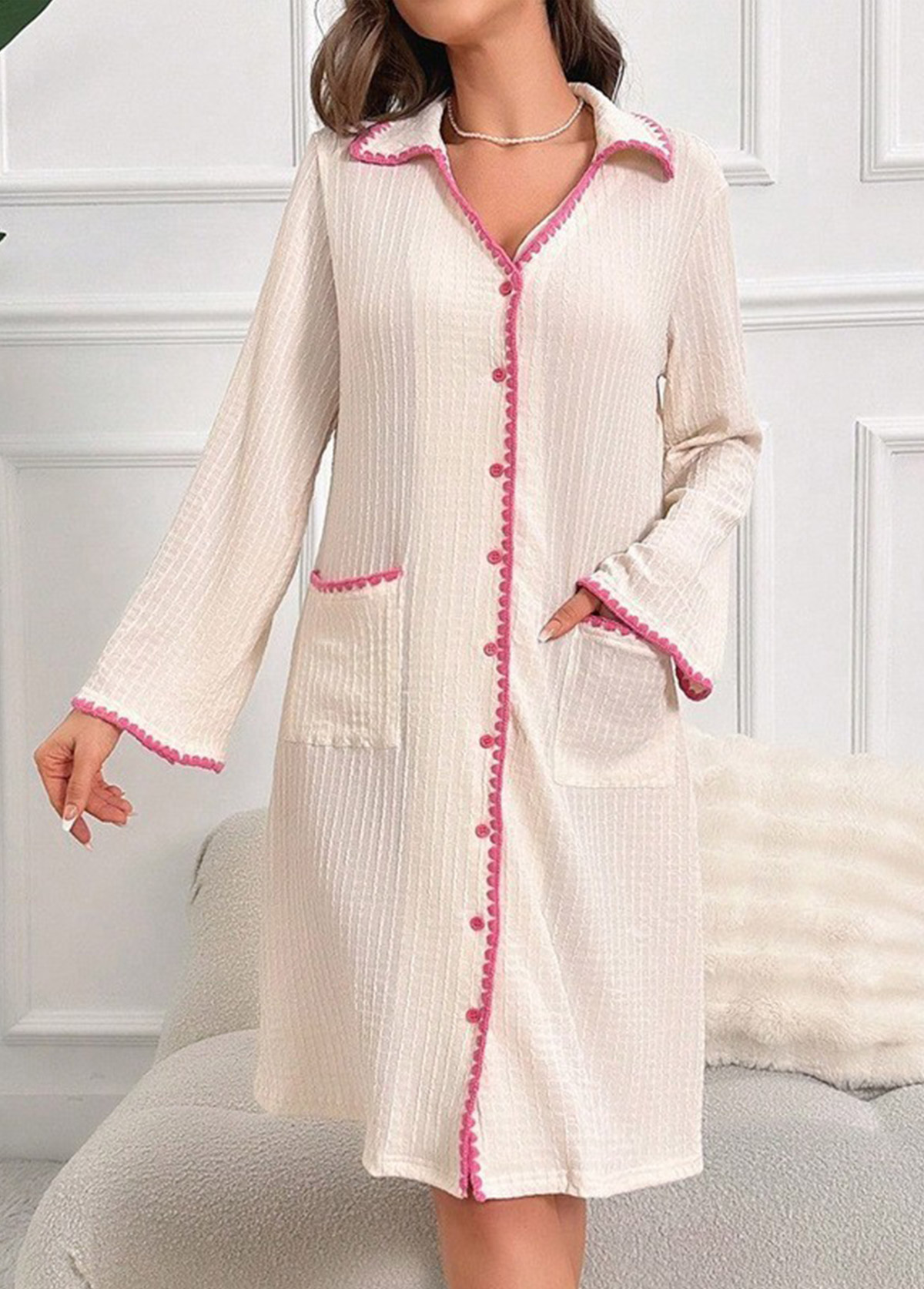 Beige Long Sleeve Turn Down Collar Nightdress | picture 