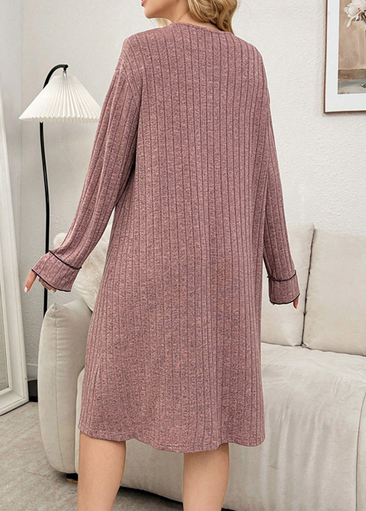 Dark Reddish Purple Long Sleeve V Neck Nightdress | picture 