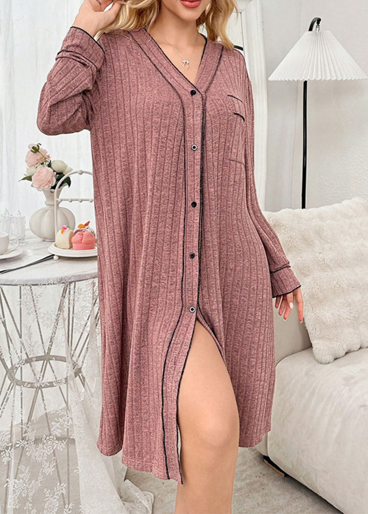 Dark Reddish Purple Long Sleeve V Neck Nightdress | picture 