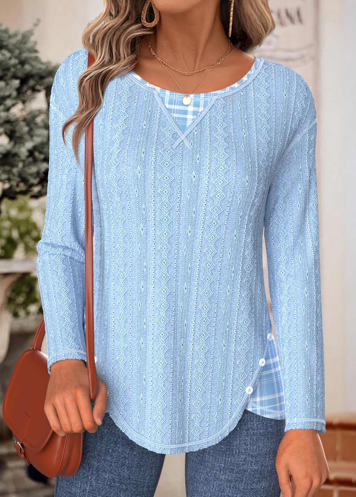 Light Blue Tummy Coverage Plaid Long Sleeve T Shirt | picture 