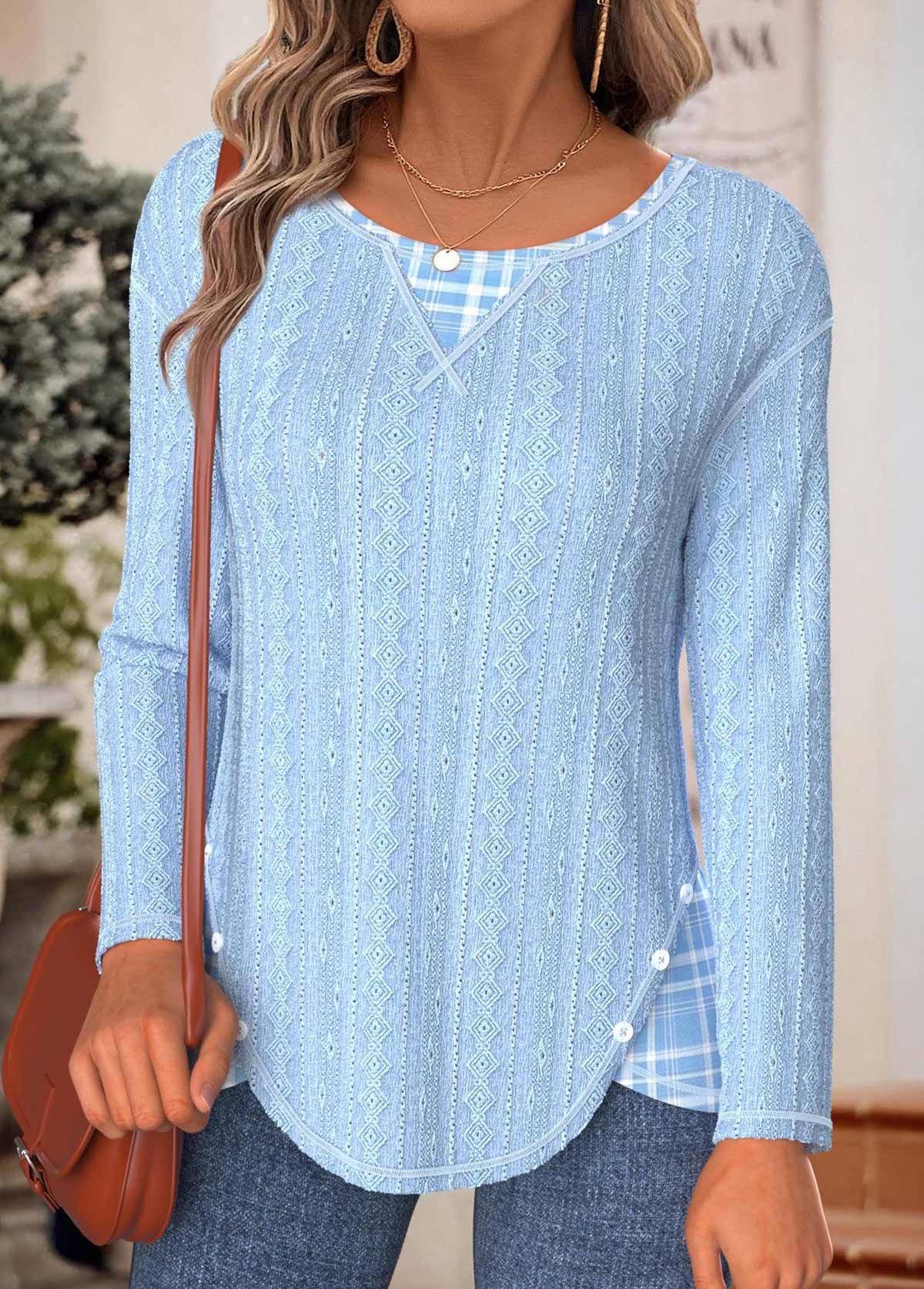 Light Blue Tummy Coverage Plaid Long Sleeve T Shirt | picture 
