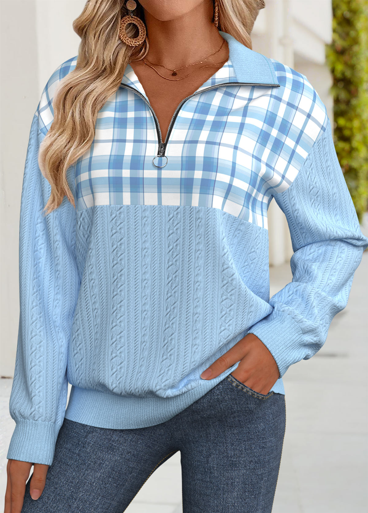 Light Blue Tummy Coverage Plaid Long Sleeve Sweatshirt | picture 