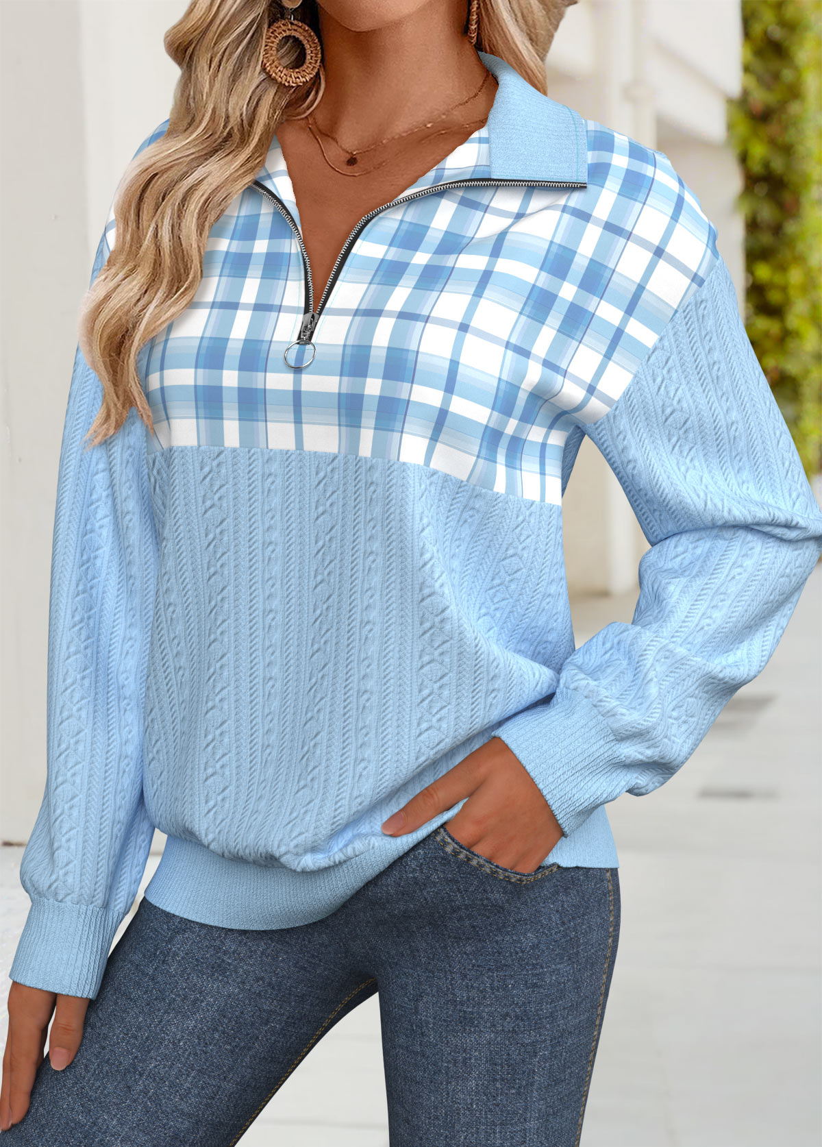 Light Blue Tummy Coverage Plaid Long Sleeve Sweatshirt | picture 