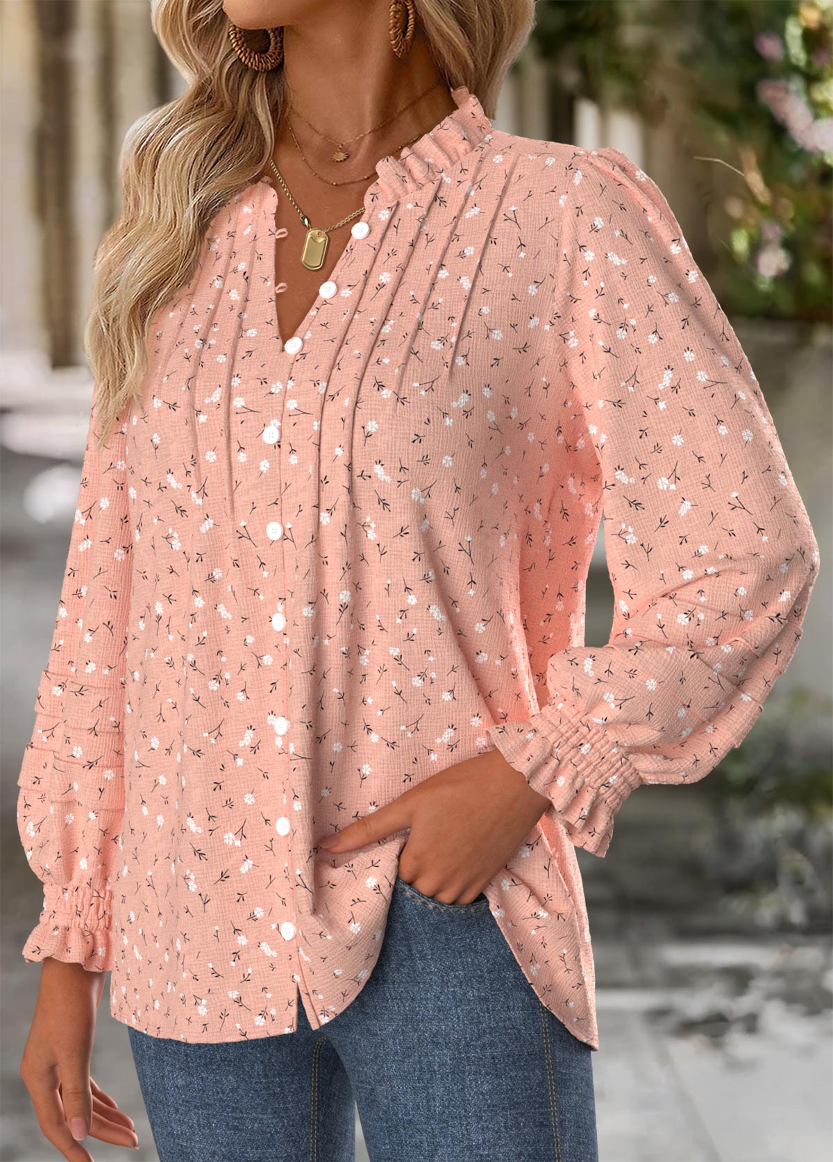 Pink Tummy Coverage Floral Print Long Sleeve Blouse | picture 