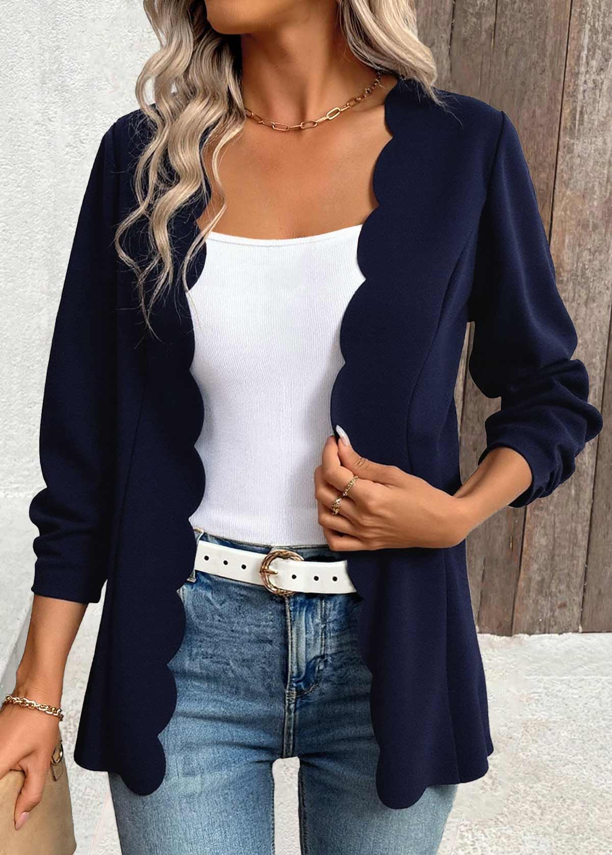 Navy Scalloped Hem 3/4 Sleeve Light Cardigan | picture 