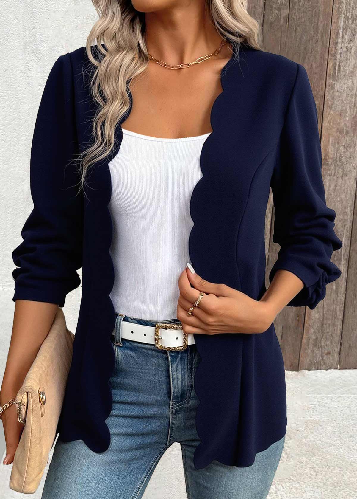 Navy Scalloped Hem 3/4 Sleeve Light Cardigan | picture 