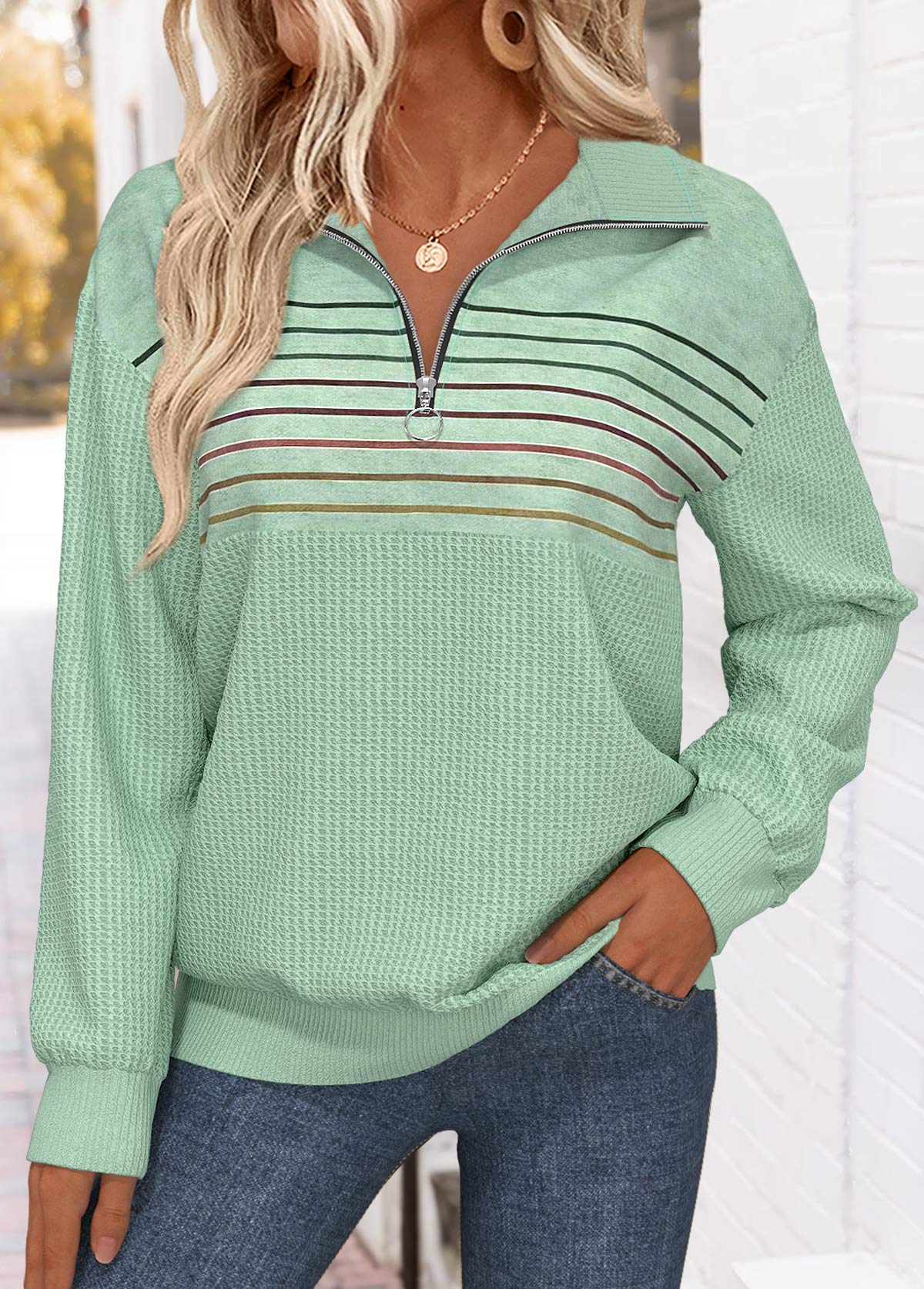 Sage Green Tummy Coverage Striped Long Sleeve Sweatshirt | picture 