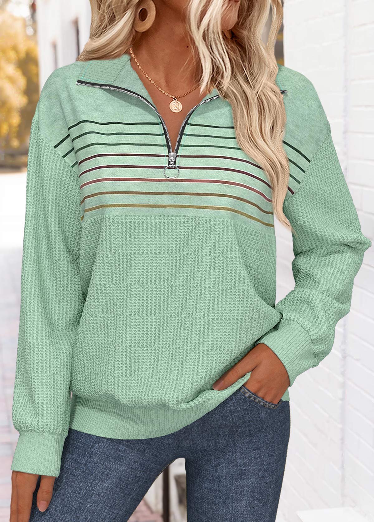Sage Green Tummy Coverage Striped Long Sleeve Sweatshirt | picture 
