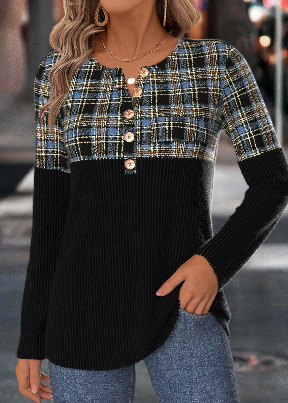 Black Tummy Coverage Plaid Long Sleeve T Shirt | picture 
