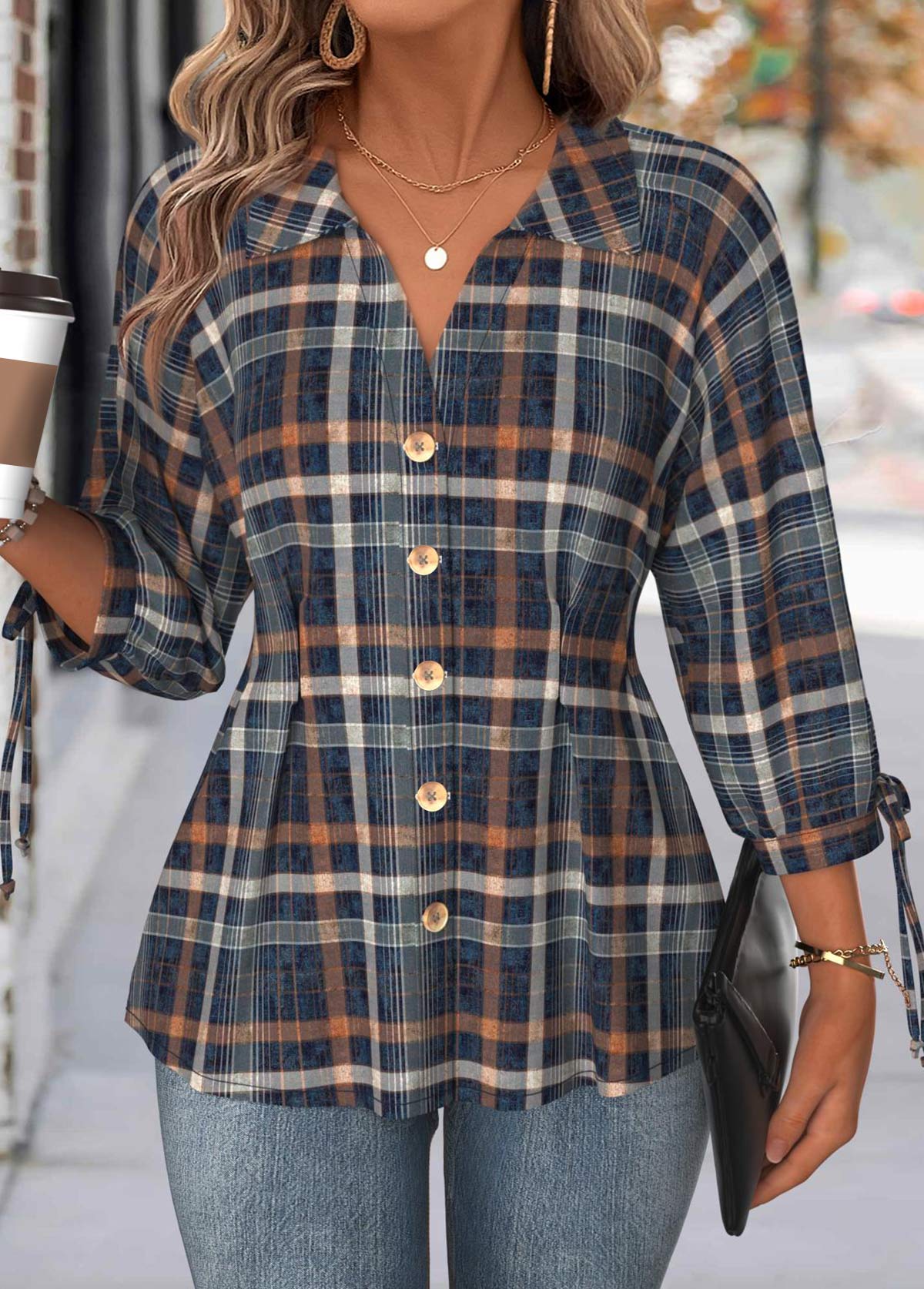 Multi Color Tummy Coverage Plaid 3/4 Sleeve Blouse | picture 