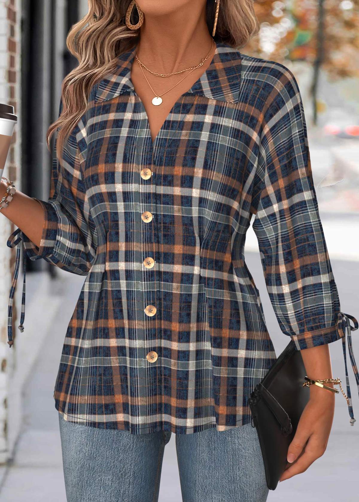 Multi Color Tummy Coverage Plaid 3/4 Sleeve Blouse | picture 