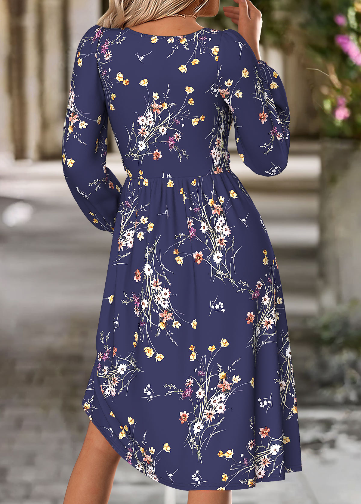Navy Tummy Coverage Floral Print Long Sleeve Dress | picture 