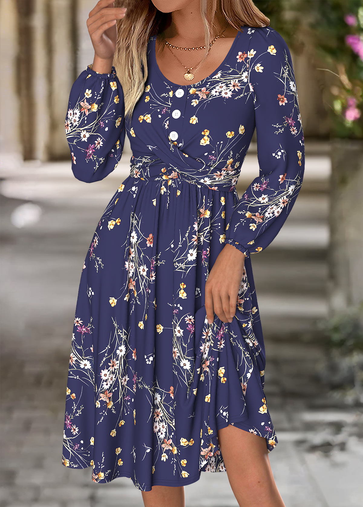 Navy Tummy Coverage Floral Print Long Sleeve Dress | picture 