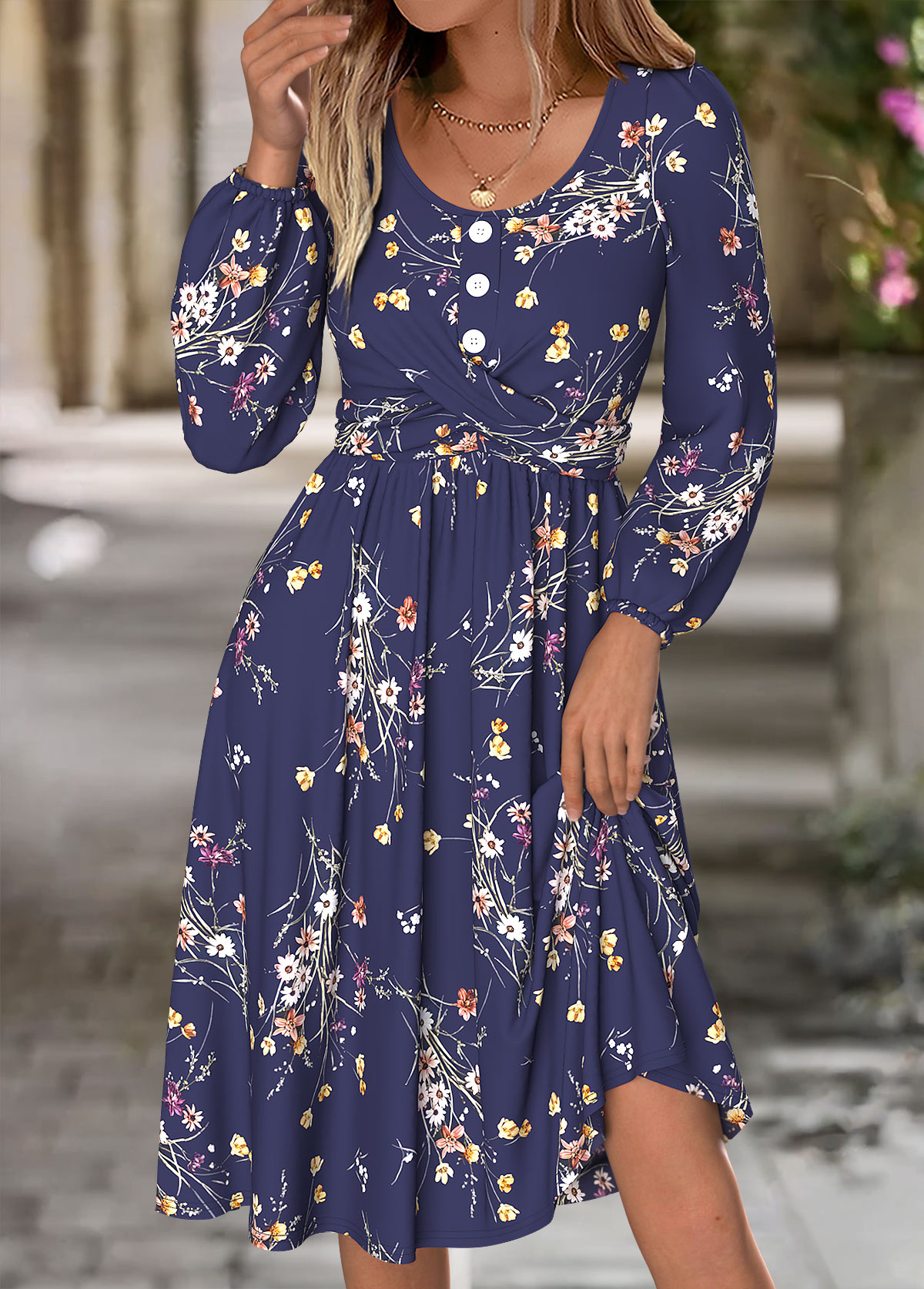 Navy Tummy Coverage Floral Print Long Sleeve Dress | picture 