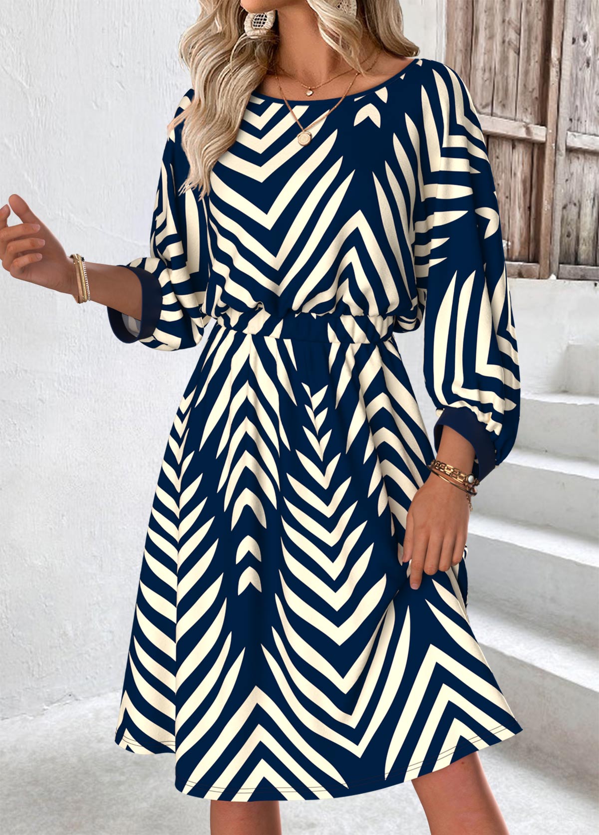 Blue Tummy Coverage Geometric Print 3/4 Sleeve Dress | picture 