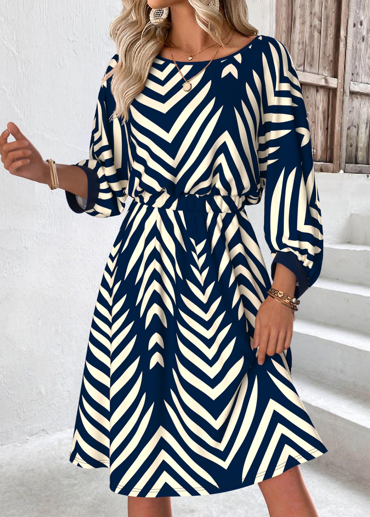 Blue Tummy Coverage Geometric Print 3/4 Sleeve Dress | picture 