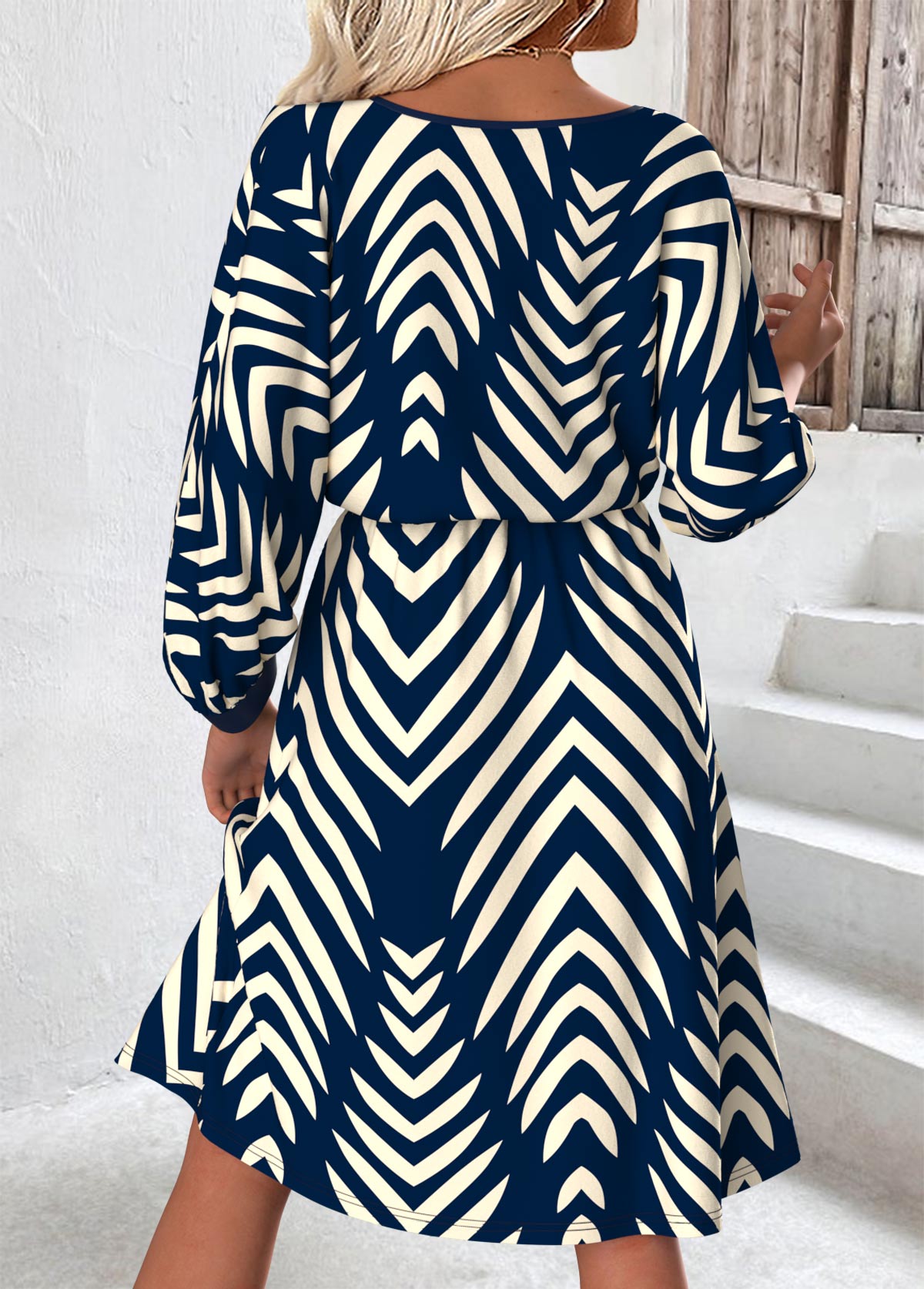 Blue Tummy Coverage Geometric Print 3/4 Sleeve Dress | picture 