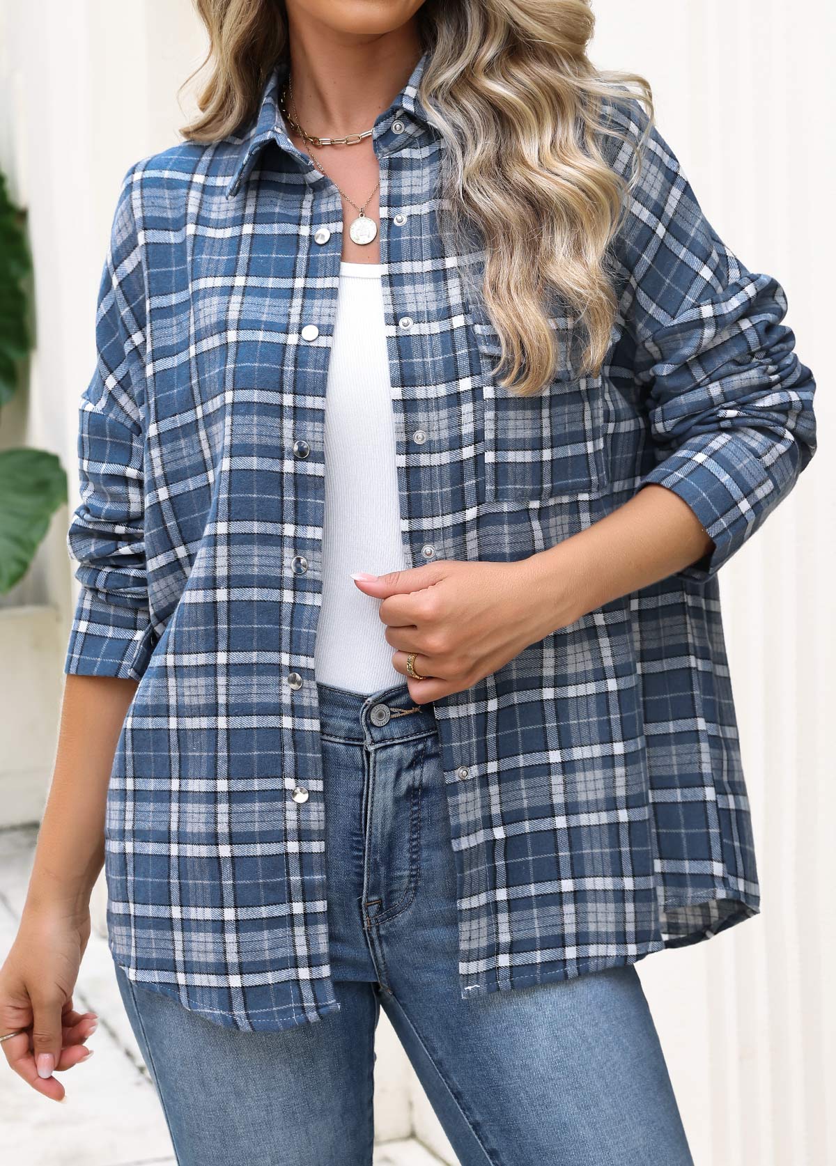 Blue Patch Pocket Plaid Long Sleeve Shirt | picture 