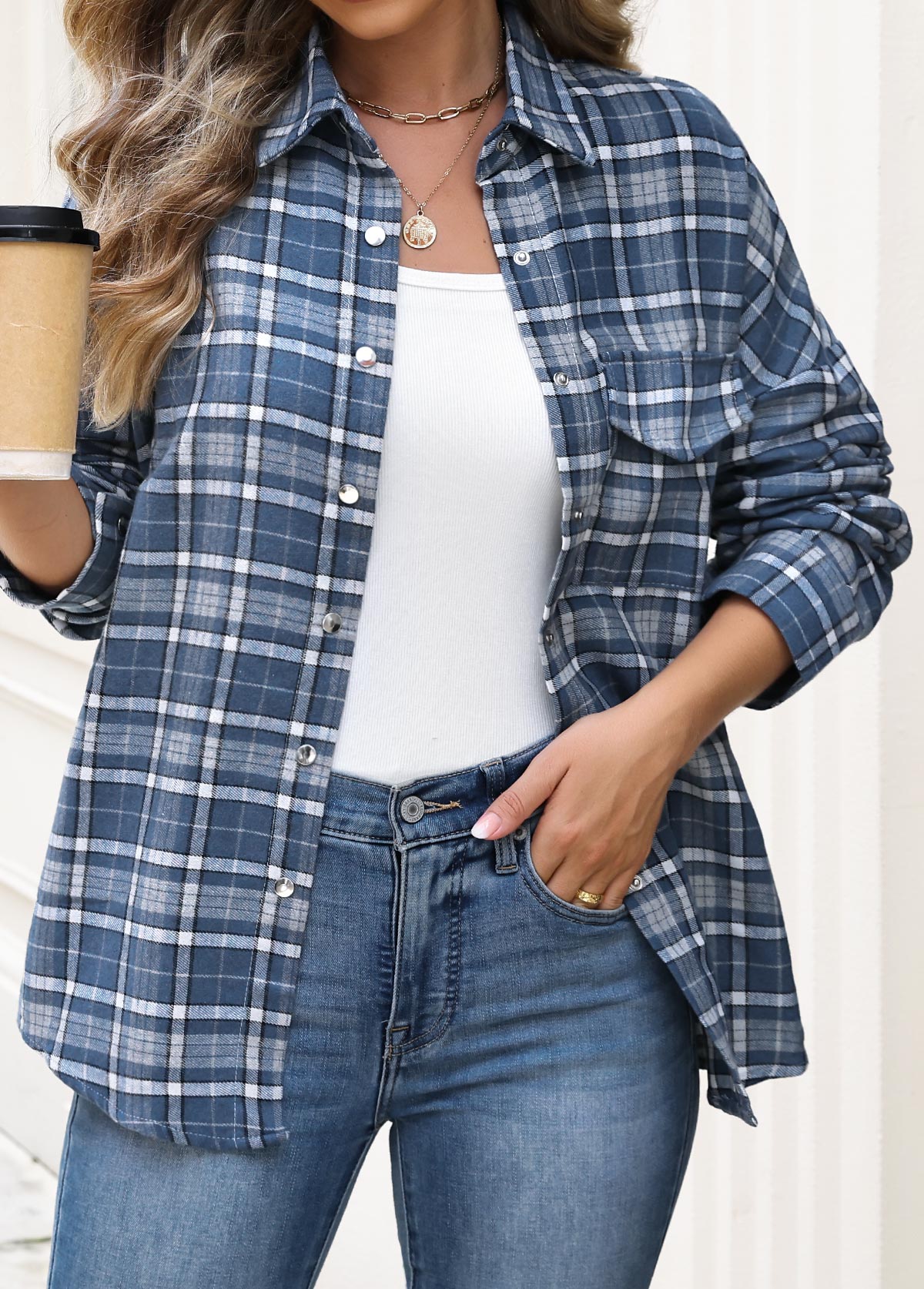 Blue Patch Pocket Plaid Long Sleeve Shirt | picture 