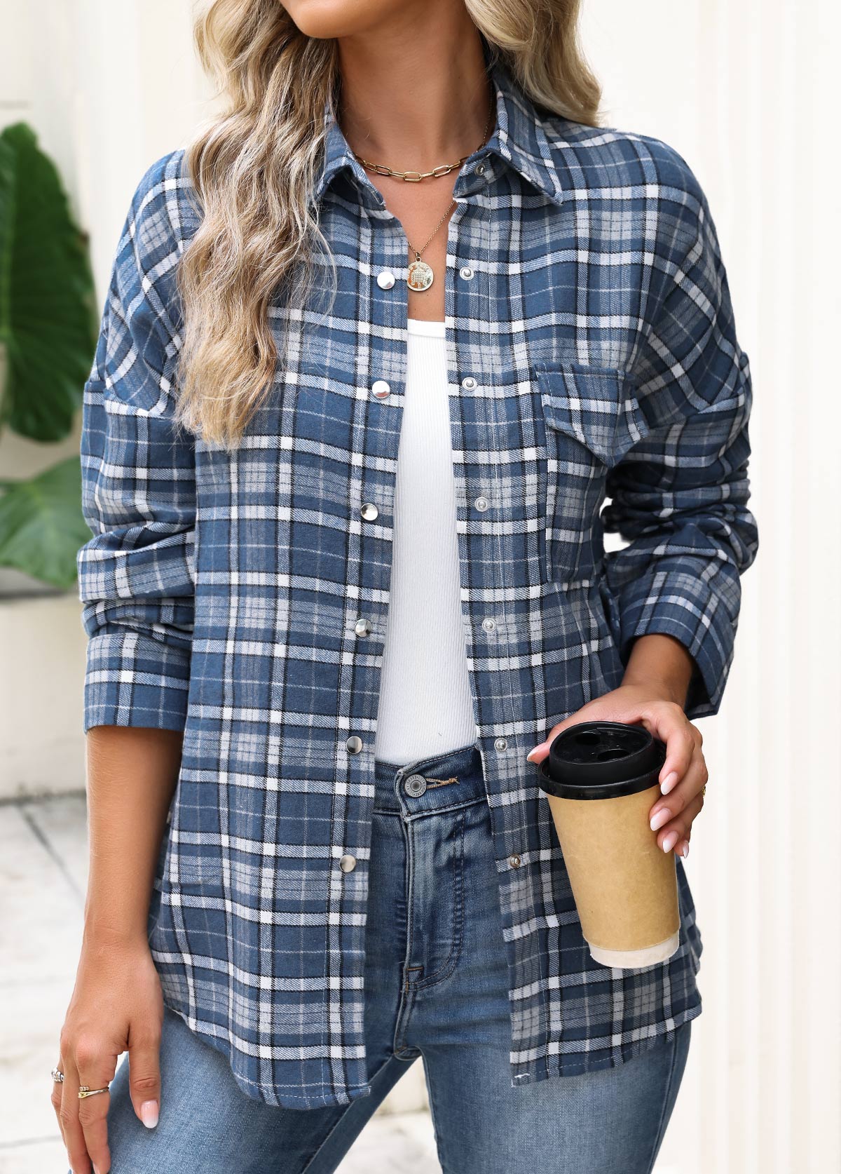 Blue Patch Pocket Plaid Long Sleeve Shirt | picture 