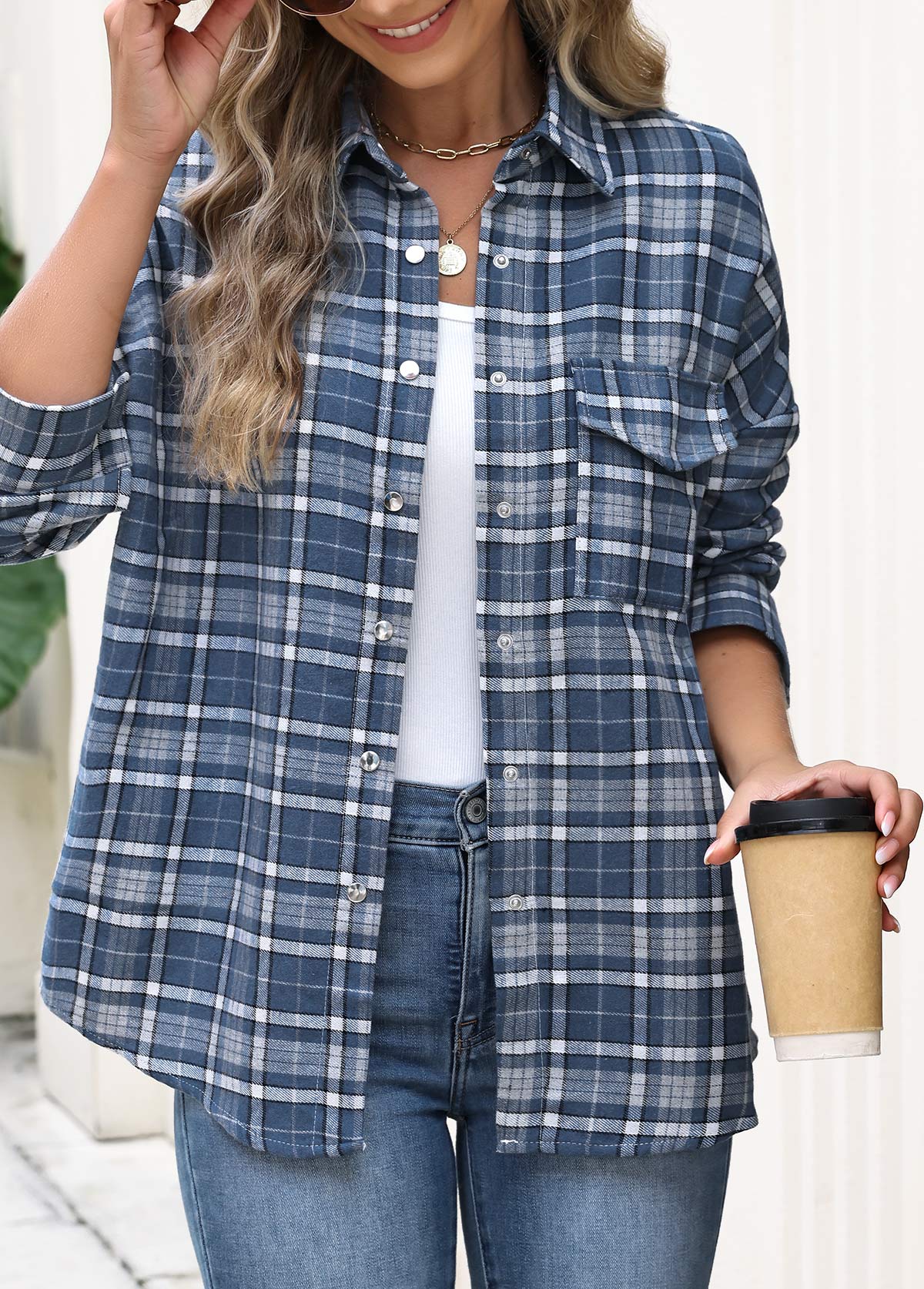 Blue Patch Pocket Plaid Long Sleeve Shirt | picture 