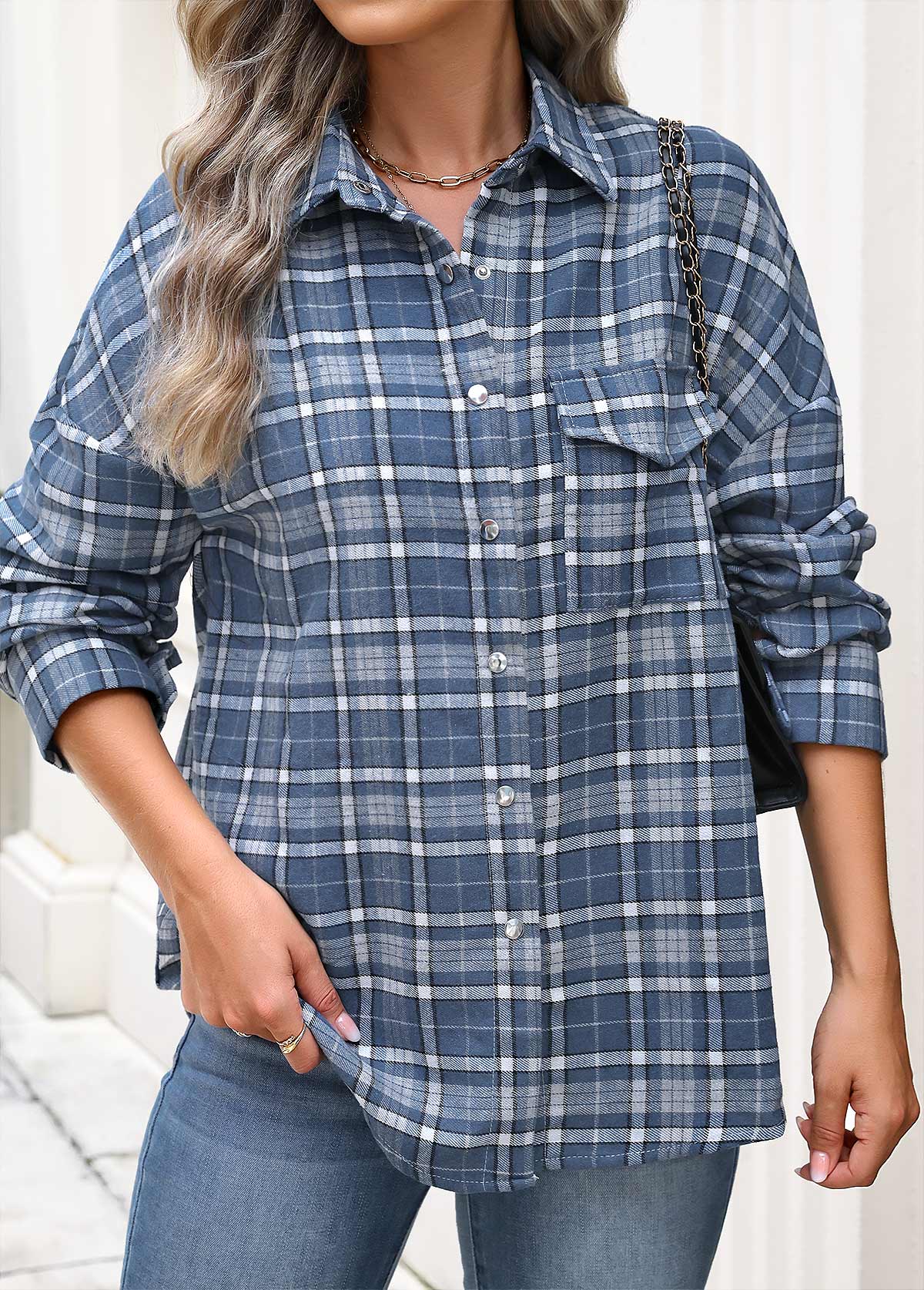 Blue Patch Pocket Plaid Long Sleeve Shirt | picture 