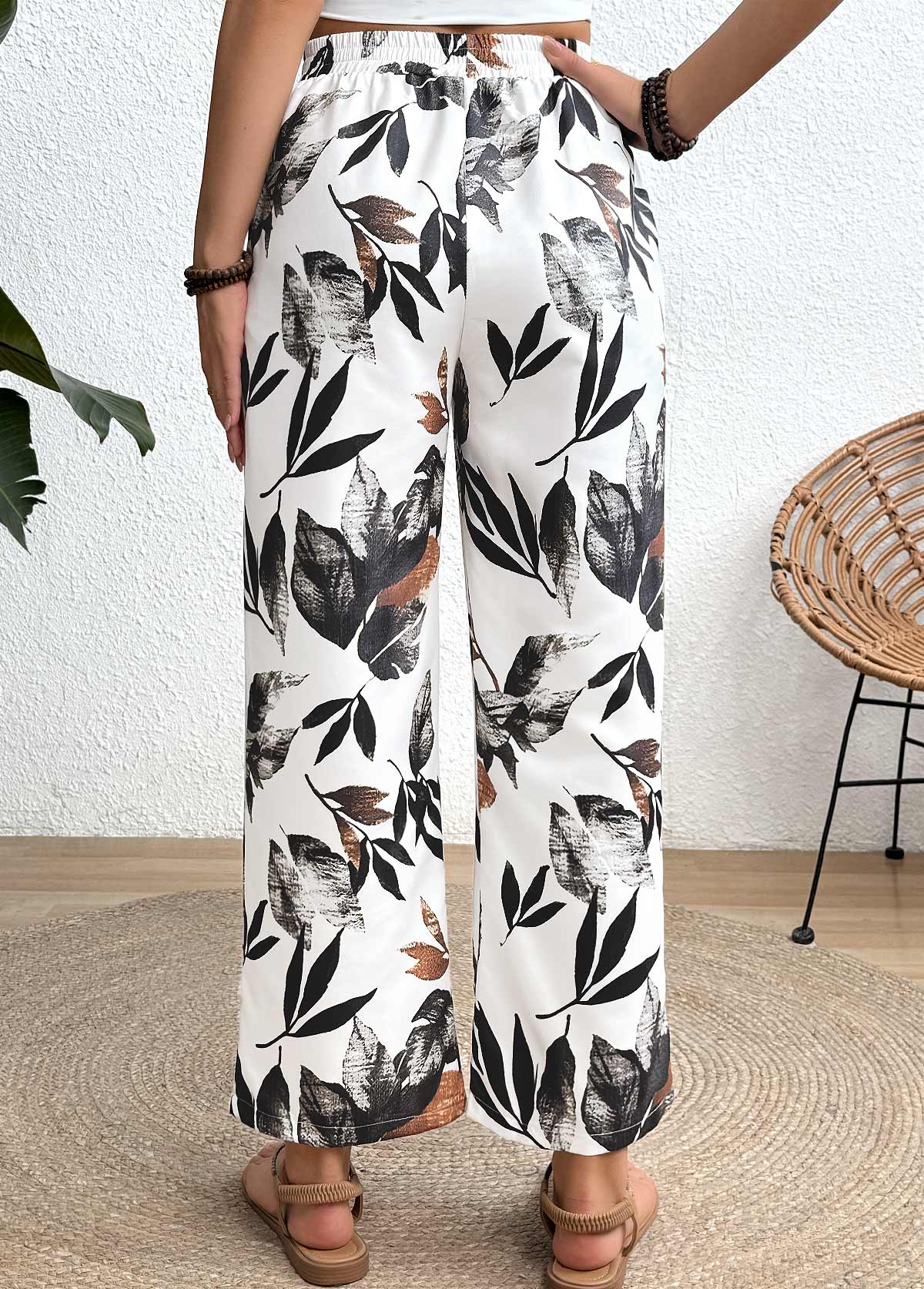 White Leaf Print Straight Leg Elastic Waist Pants | picture 