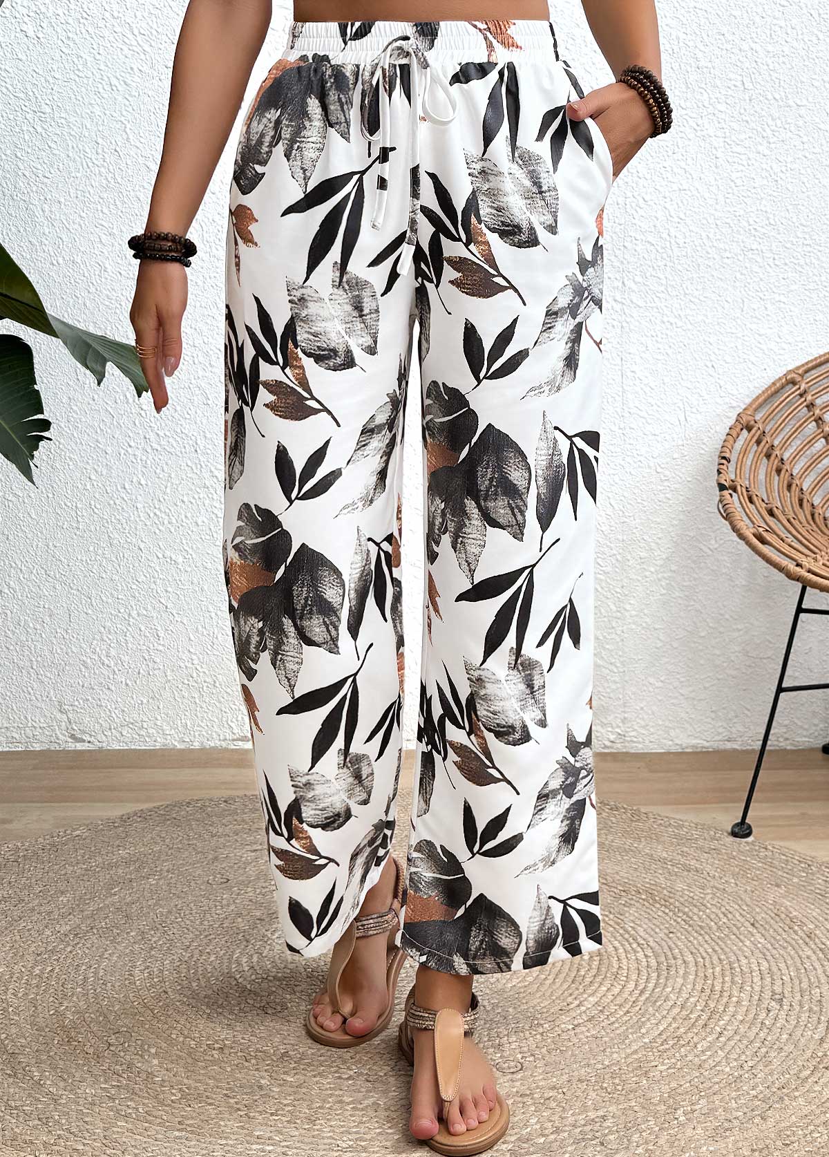 White Leaf Print Straight Leg Elastic Waist Pants | picture 