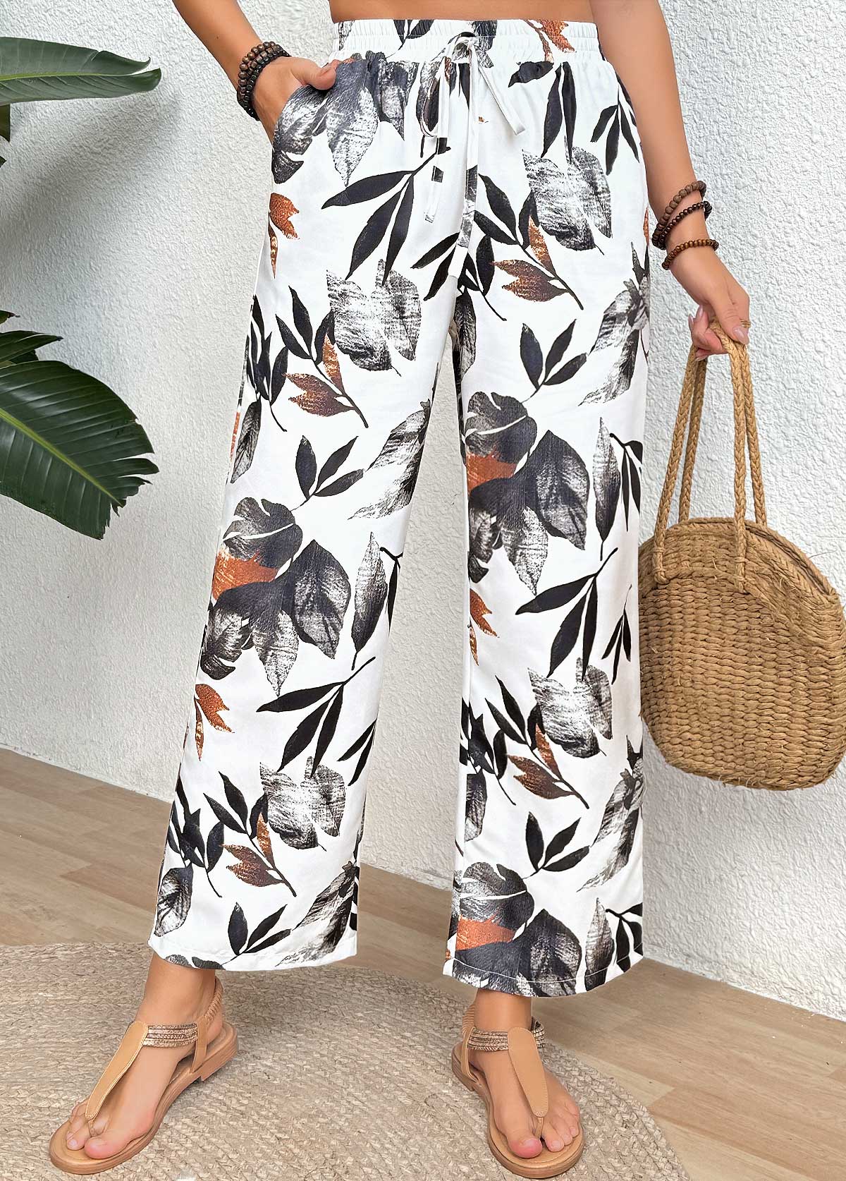 White Leaf Print Straight Leg Elastic Waist Pants | picture 