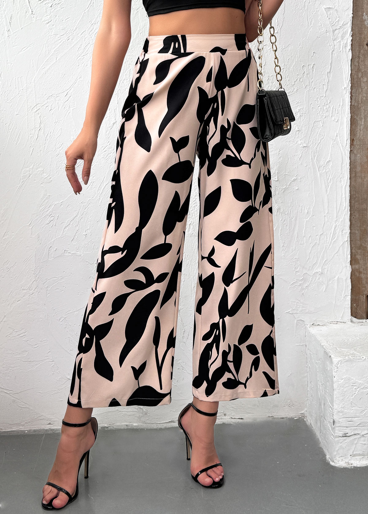 Light Camel Leaf Print Wide Leg Elastic Waist Pants | picture 