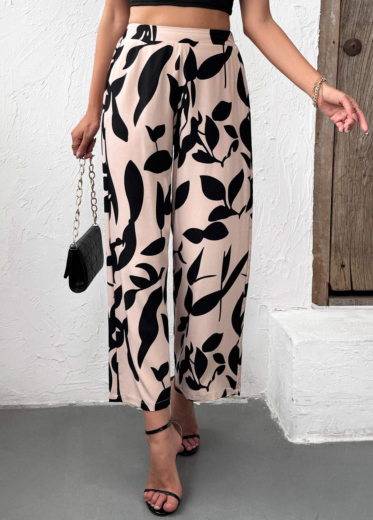 Light Camel Leaf Print Wide Leg Elastic Waist Pants | picture 
