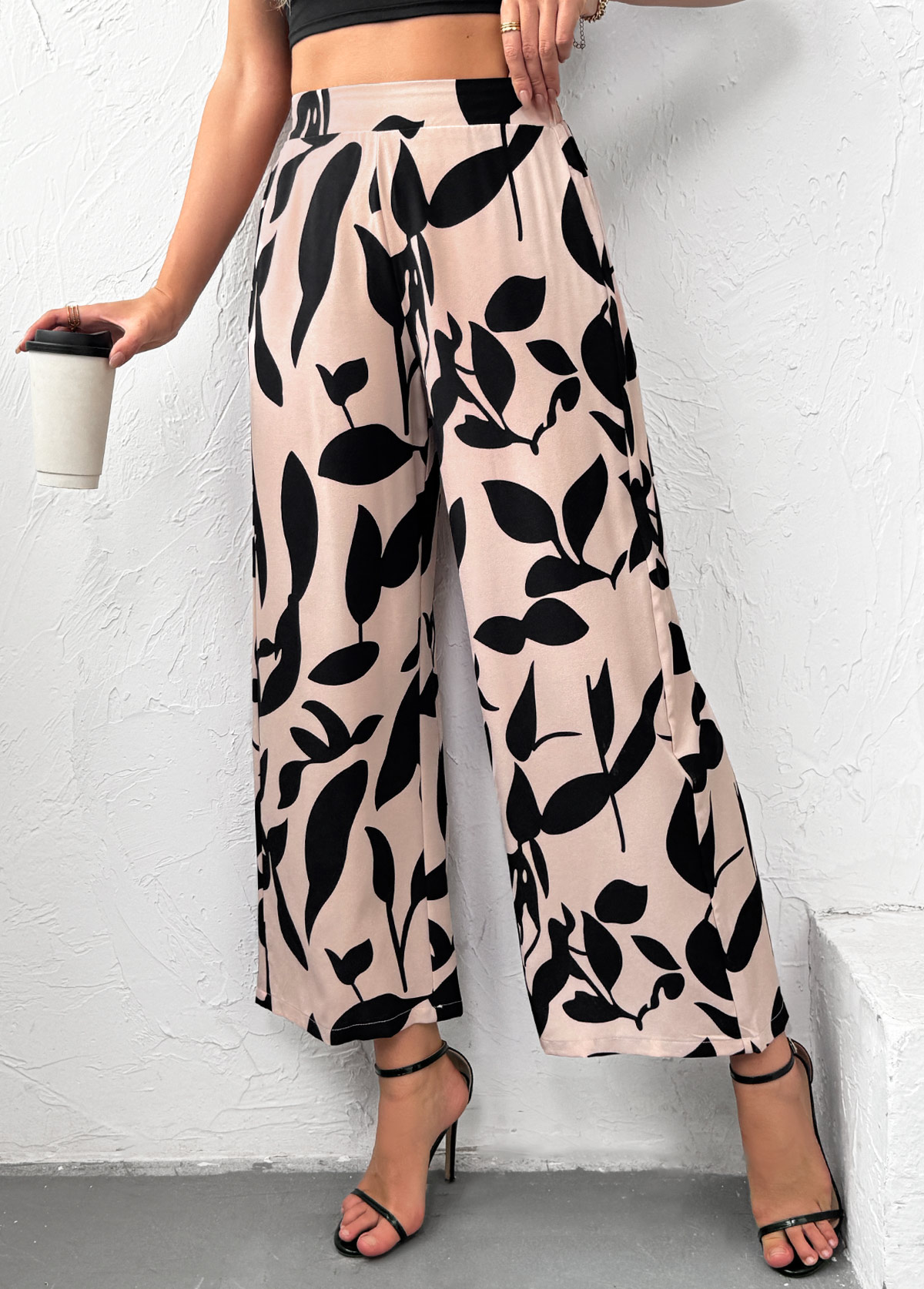 Light Camel Leaf Print Wide Leg Elastic Waist Pants | picture 