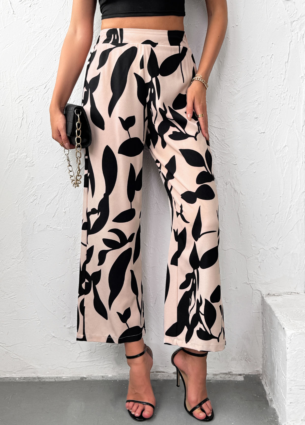 Light Camel Leaf Print Wide Leg Elastic Waist Pants | picture 